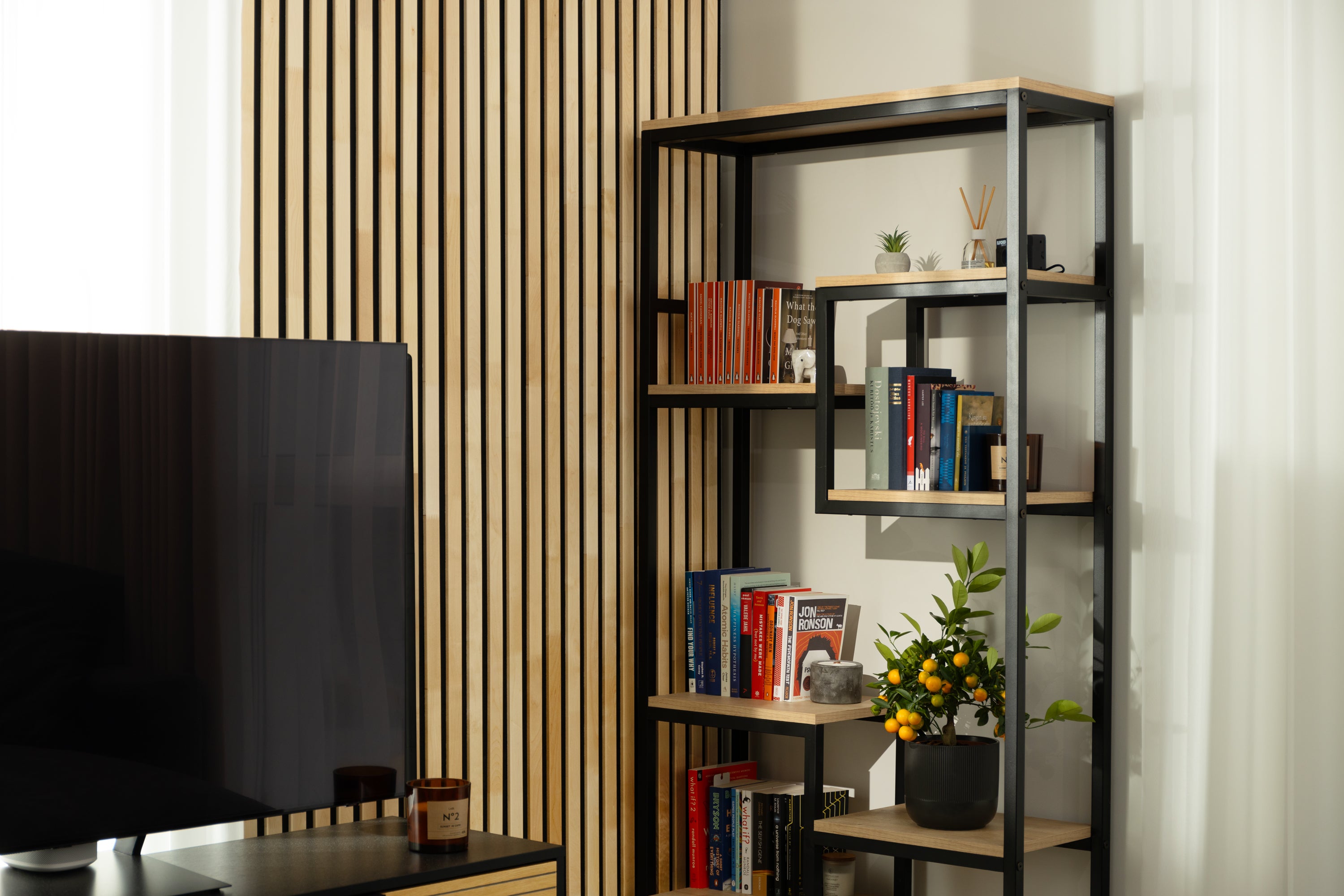 Lot de 2 Panneau Tasseau Acoustique en Bois - Bois de Bouleau Massif - 2400x385mm - Lattes 40mm, Support en Feutre Noir - 2