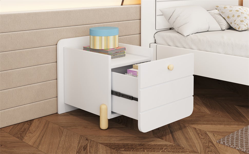 Table de chevet avec 1 tiroir - 38.5 x 33 x 39 cm - Pin + contreplaqué + MDF - pour salon ou chambre - Blanc - 3