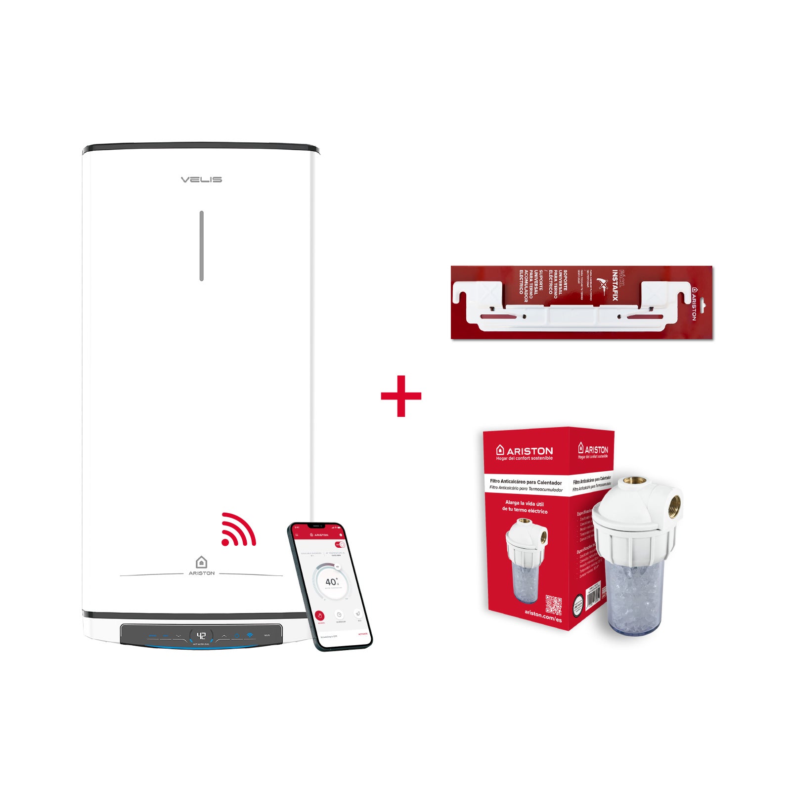Ariston Thermo Group Termo Eléctrico Inteligente, Ariston, Velis Pro Wifi 50L + Filtro Antical + Soporte De Pared, Vertical U Horizontal, Clase A , Leroy Merlin