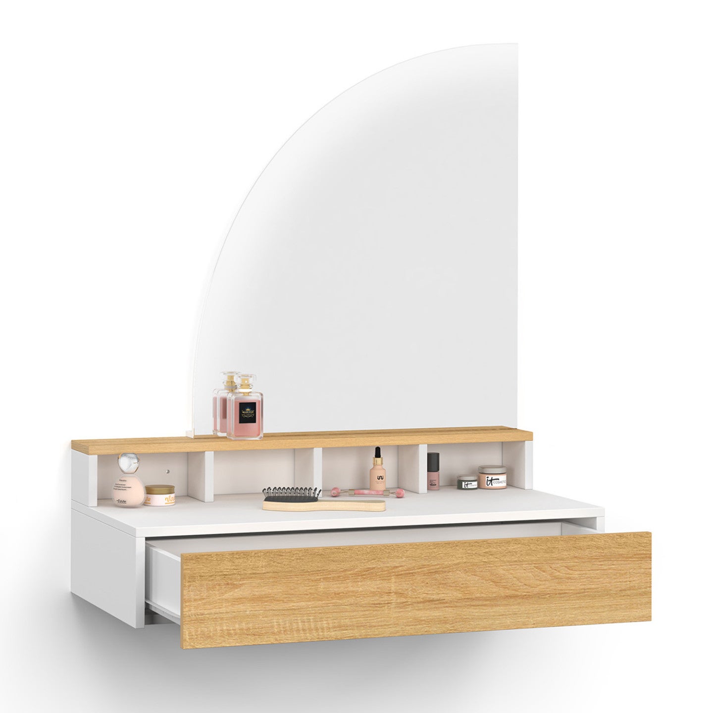 Coiffeuse suspendue ZELIA miroir LED avec 4 niches, 1 tiroir bois et blanc - 2