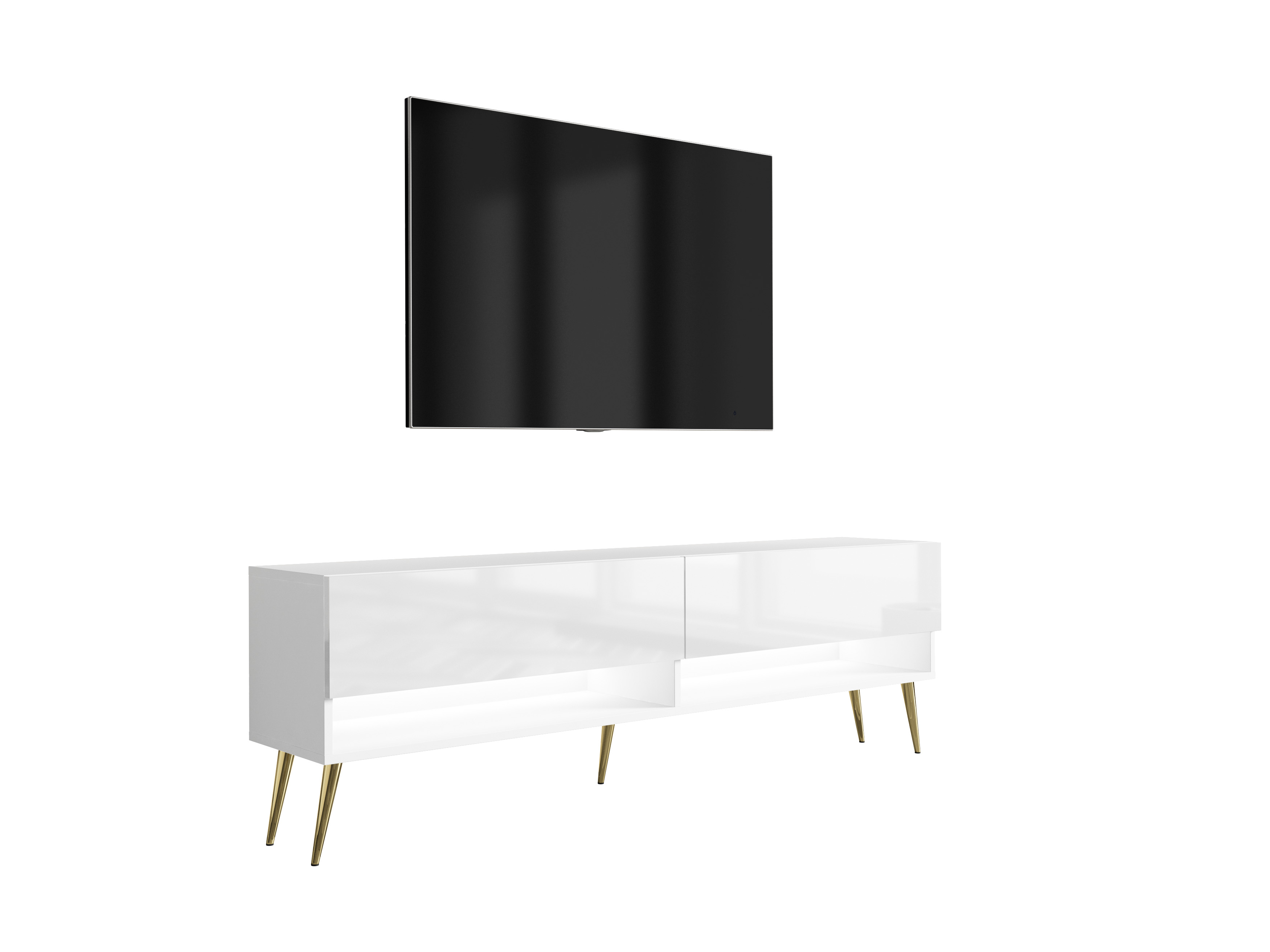 Szafka RTV : Biały Mat / Biały Połysk, nóżki pochyłe złote, LED biały, 170 × 32 × 52 cm