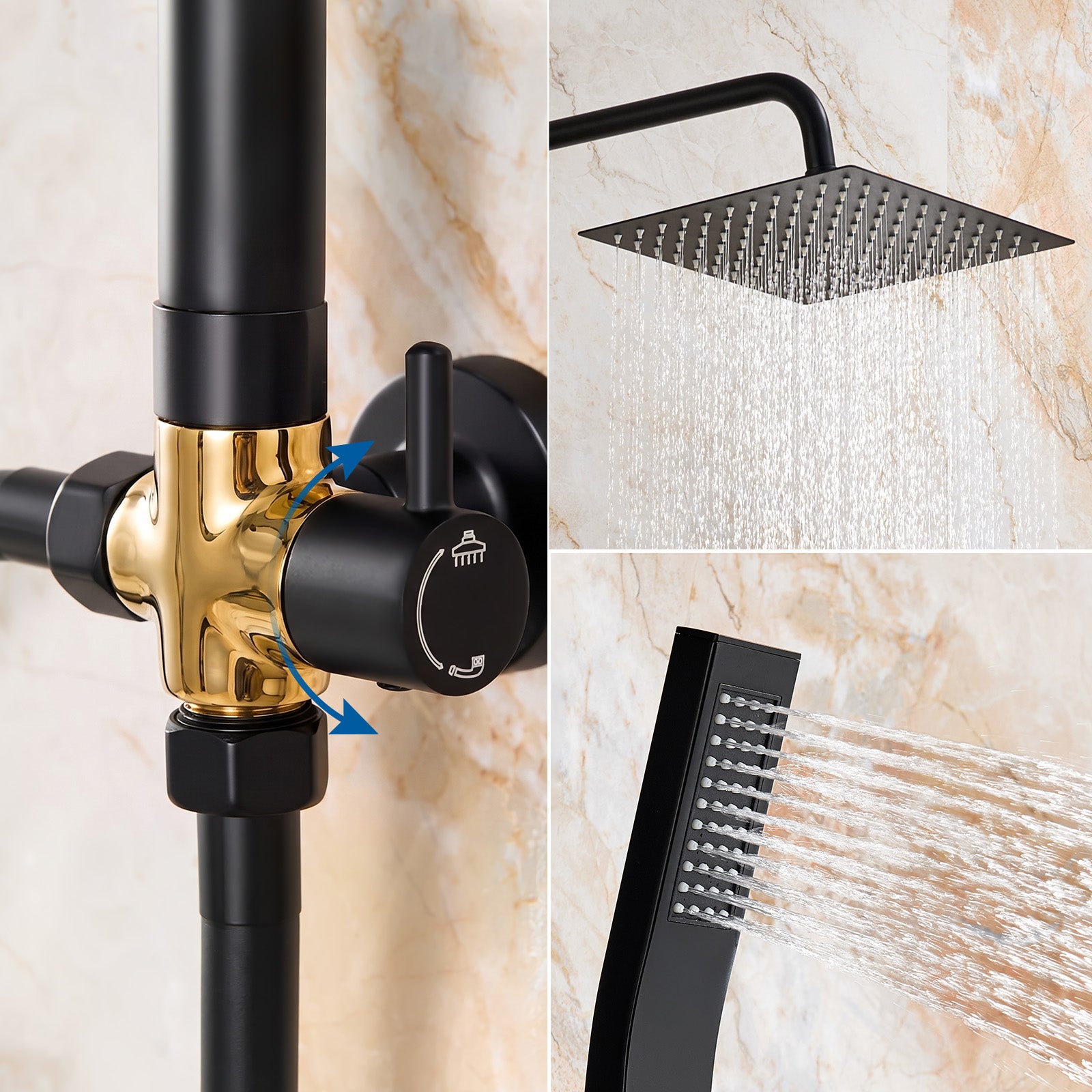 Auralum Max Colonne Douche Sans Mitigeur Noire,Tête Carrée 25×25 cm,Hauteur Réglable 72-110cm,Douchette Main,Étagère Sans Perçage/Flexible 1,5 m - 7