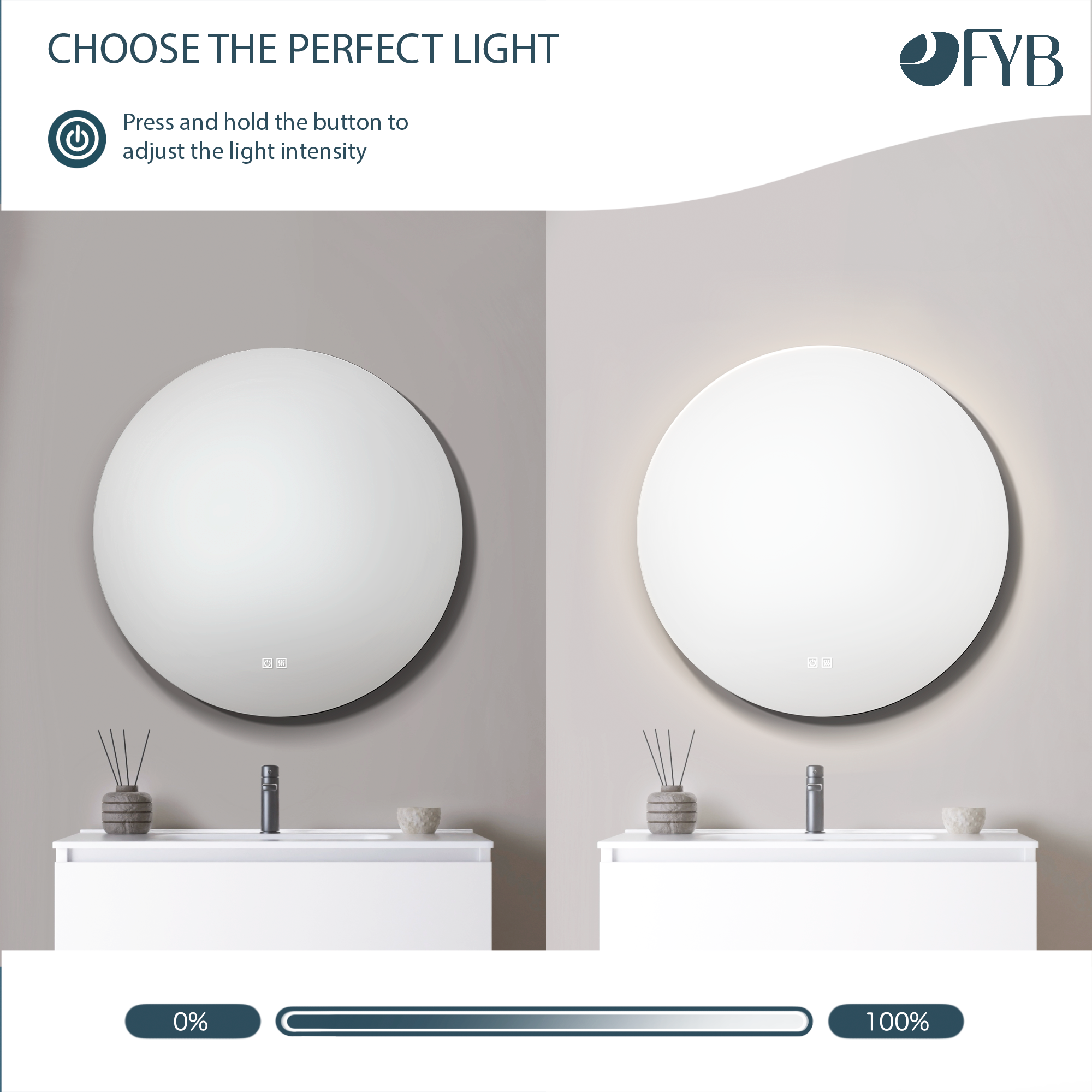 Miroir rond Bluetooth 60 cm Feel Your Bath, LED Réglable, Interrupteur Tactile, Antibuée et Arrêt Automatique - 3