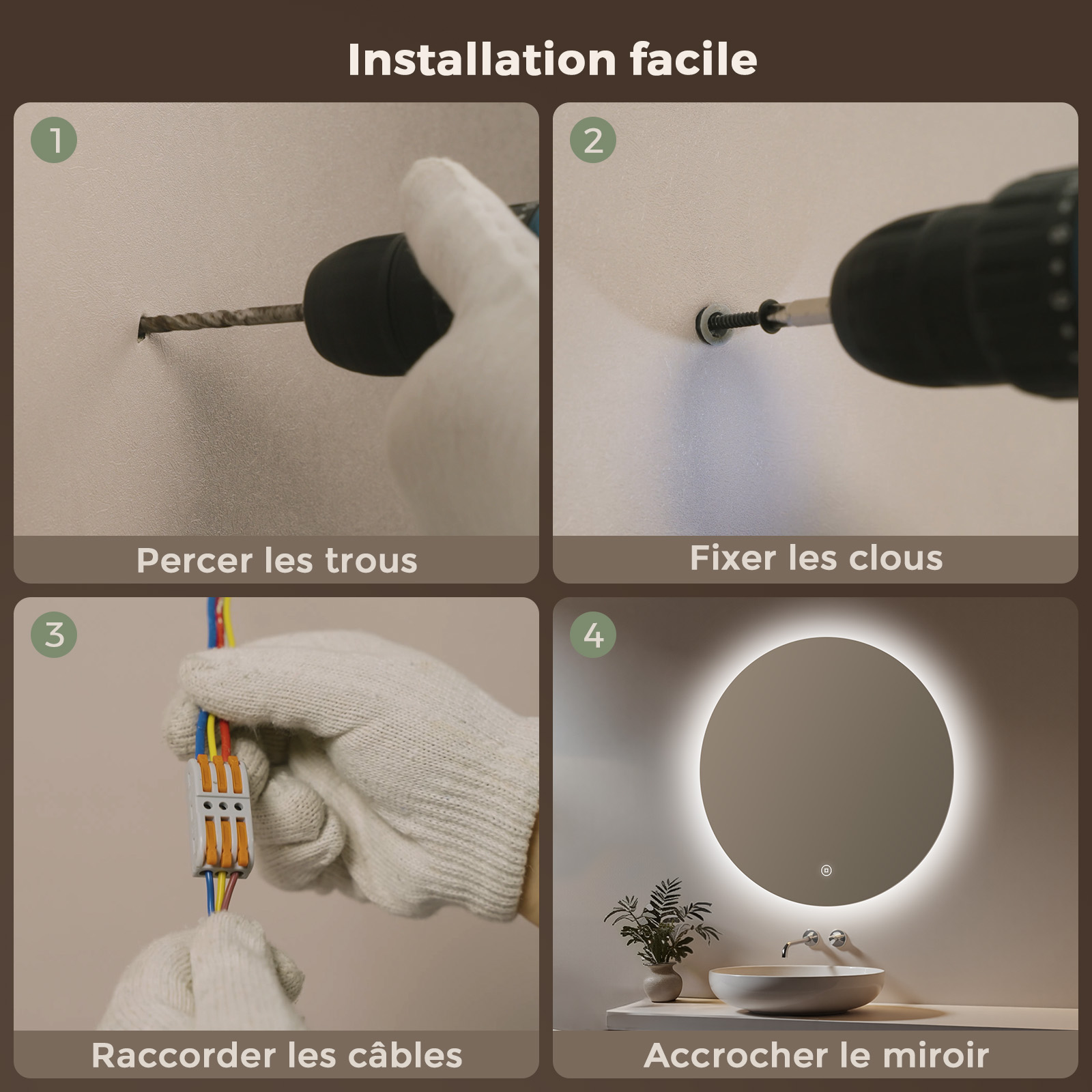 S'AFIELINA Miroir salle de bain miroir lumineux Rond Miroir Mural avec Interrupteur Tactile Blanc Froid 6500K 70cm - 9
