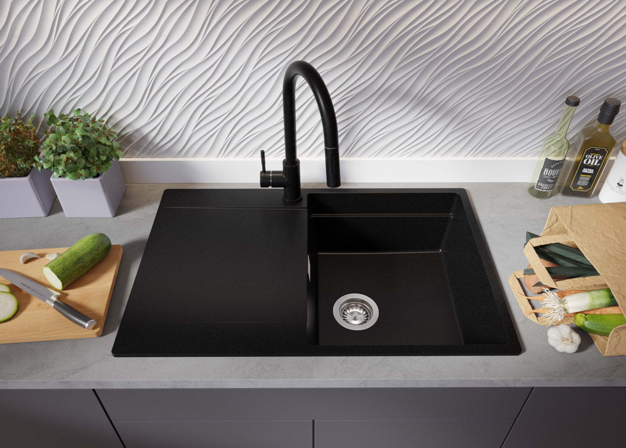 Lavandino da Cucina Nero 78x50cm, Lavello in Granito a 1 vasca + Sifone Classico + Accessori, Lavabo da Cucina Incasso al mobile 50cm PRIMAGRAN - 3