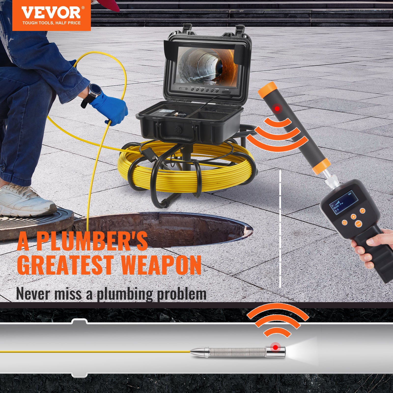 Caméra D'Inspection Canalisation Avec Émetteur 512Hz - Endoscope Étanche IP68 - Moniteur 7"