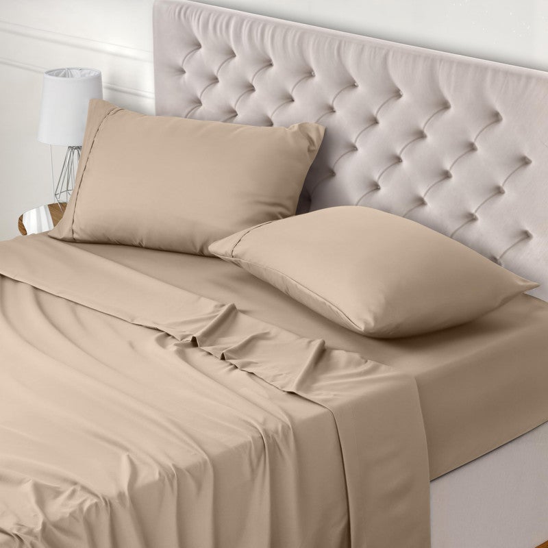 Juego de Sábanas 100% Algodón | 4 Piezas | Bajera Ajustable 30 CM | 2 Funda Almohada Boca Abierta | Hipoalergénico, Absorbe Humedad | Beige Cama 180 - 5