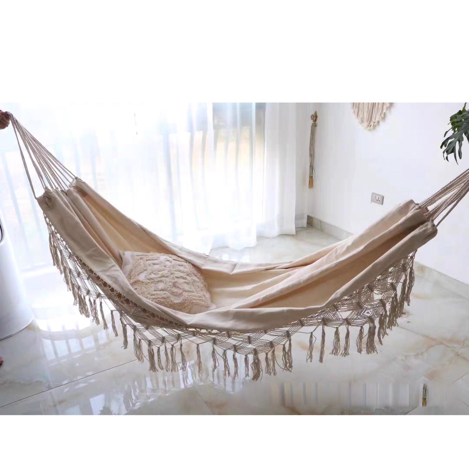 Hamac double portable rustique à pompons pour adulte avec 2 cordes d'attache et sac de rangement pour camping intérieur et extérieur Beige - 4