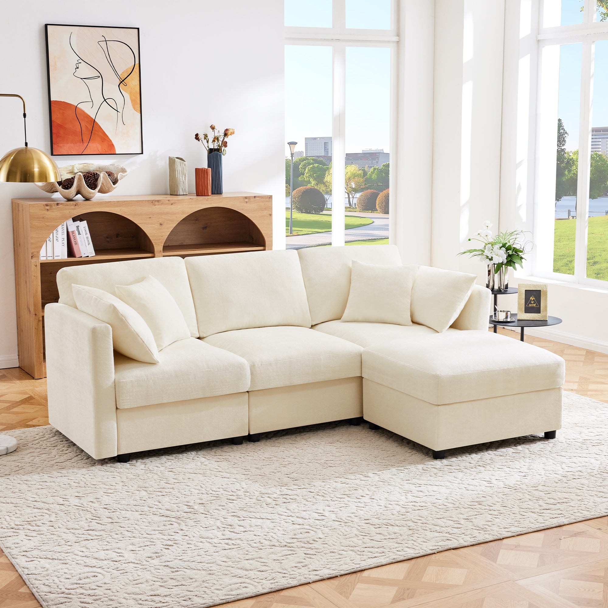 Divano angolare 3 posti con poggiapiedi e braccioli regolabili - 218 x 156,5 x 86 cm - Tessuto ciniglia - Beige - 5