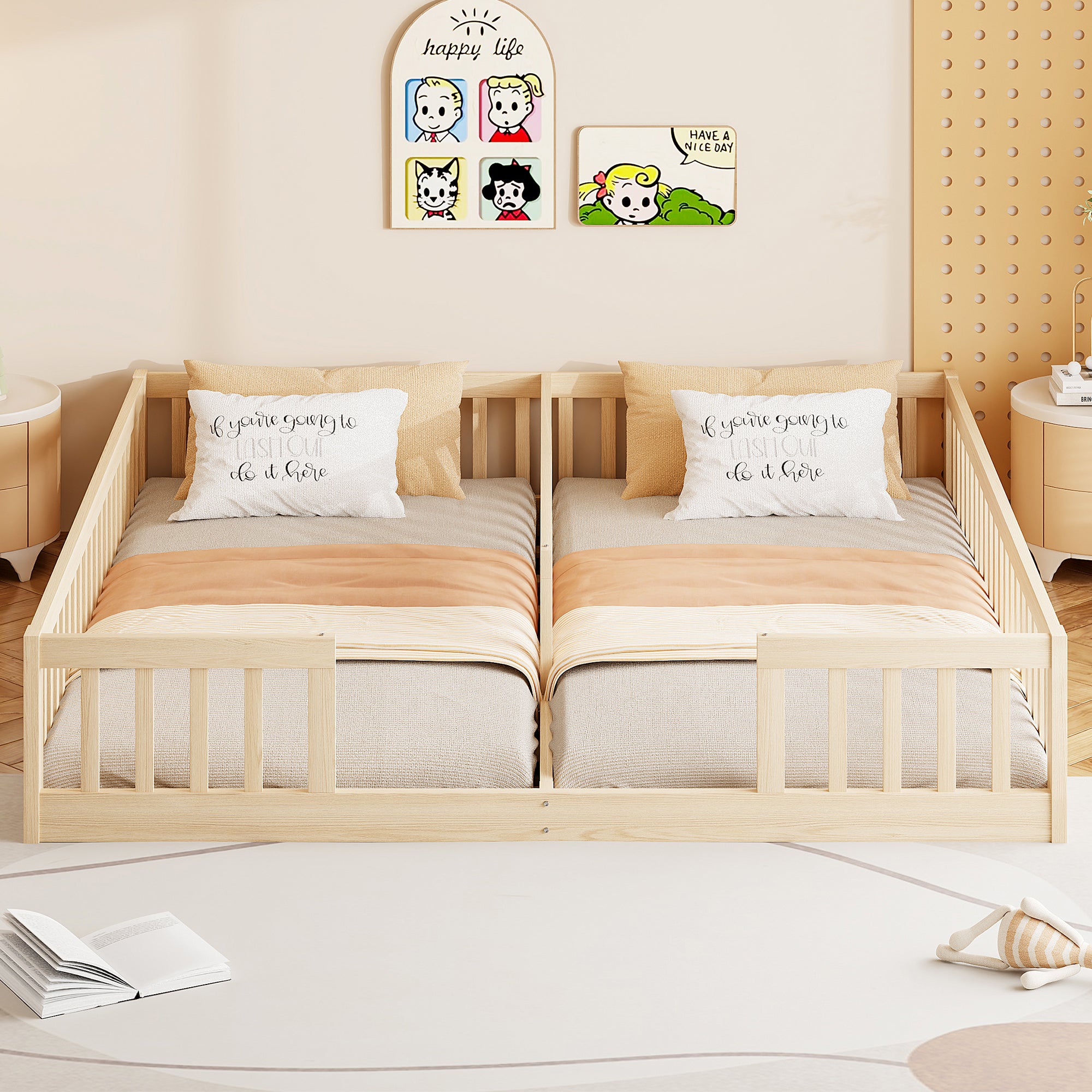 Montessori Lit de sol 90 x 200 cm avec barrières de sécurit, lit d'enfant 2 place, lit en bois avec sommier à lattes, Naturel (sans matelas) - 2