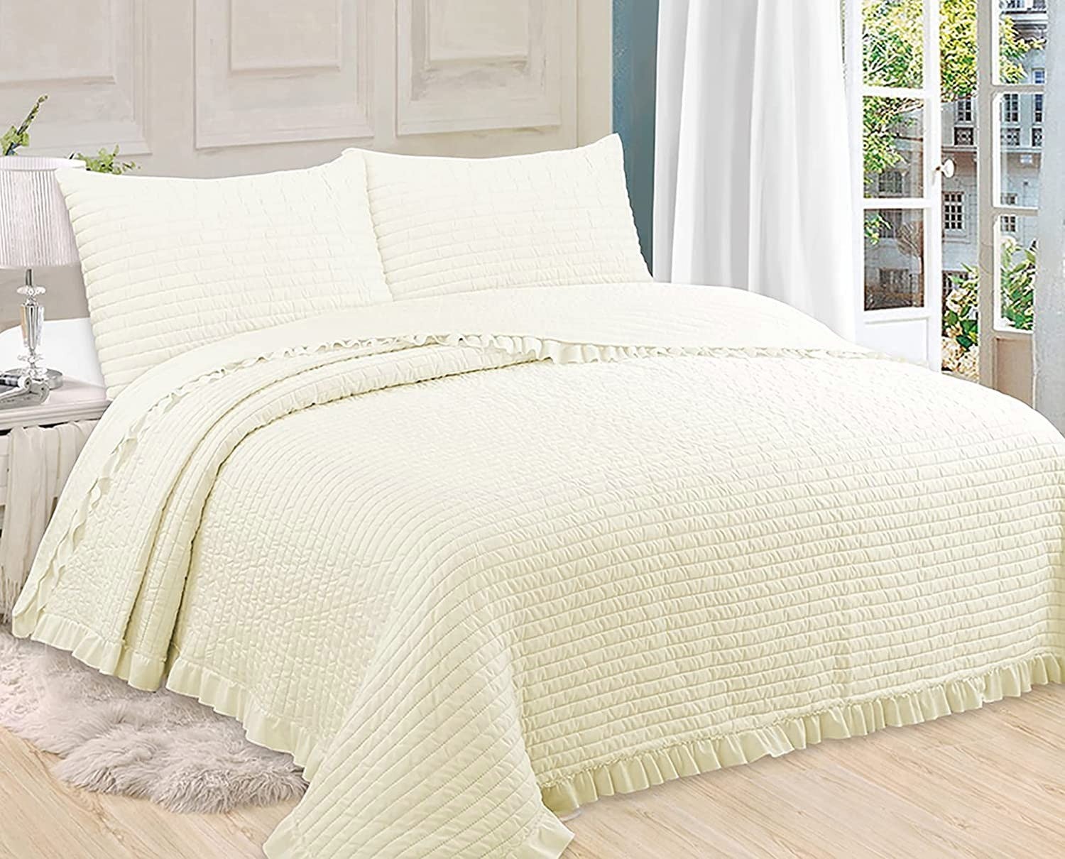 Haradeco colcha volantes crema cama 150/160, colcha de verano ligera, cubrecama lisa+ 2 fundas almohada para todas las estaciones(250x260cm)