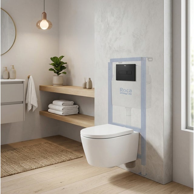 Pack WC con bastidor Roca+ WC suspendido sin brida Swiss Aqua Technologies con tapa SoftClose + placa (ROSTBRWR06-IN)