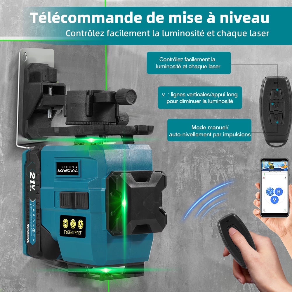 Laser de ligne croisé 16 lignes Niveau laser 3° Autonivelante 4 x 360° Niveau laser avec 2x batterie + trépied, pour construction intérieure - 9