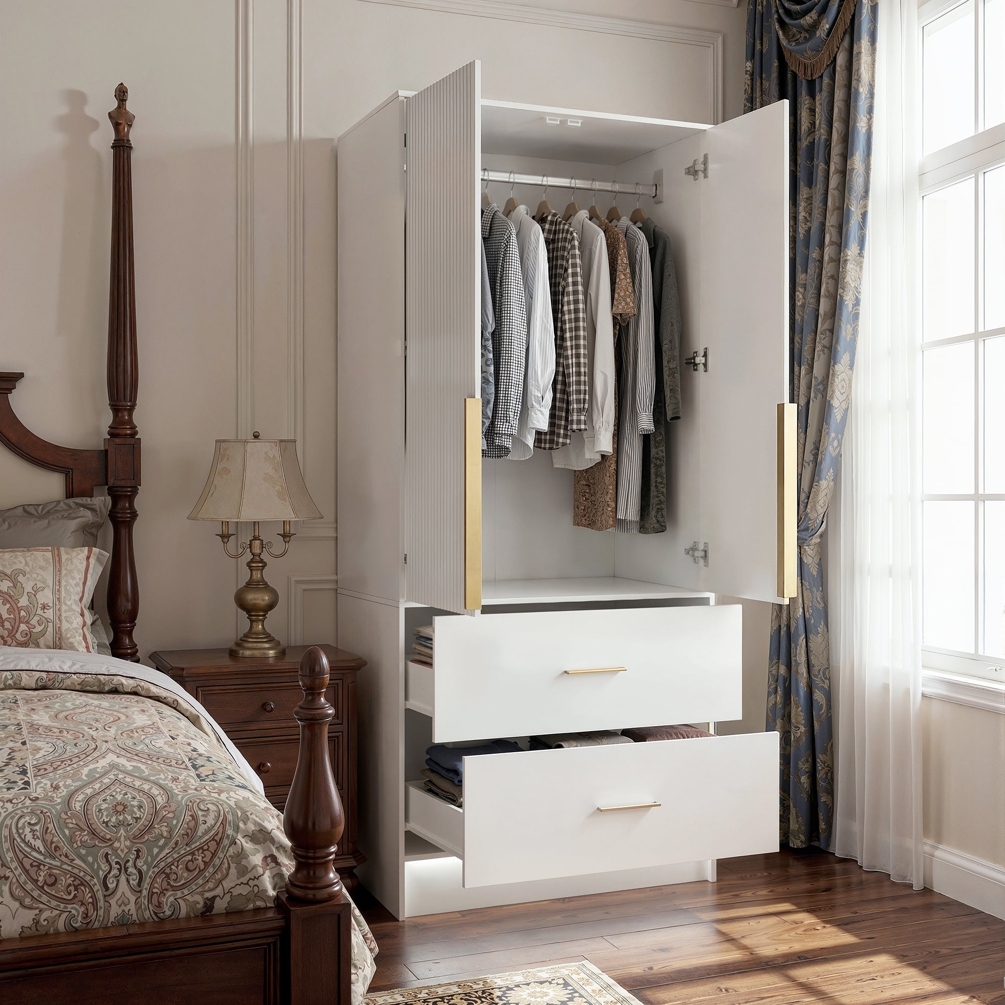 Armoire miroir avec 2 portes, 2 tiroirs et penderie, Armoire à vêtement avec LED, Chambre, 75x48x170, blanc - 2