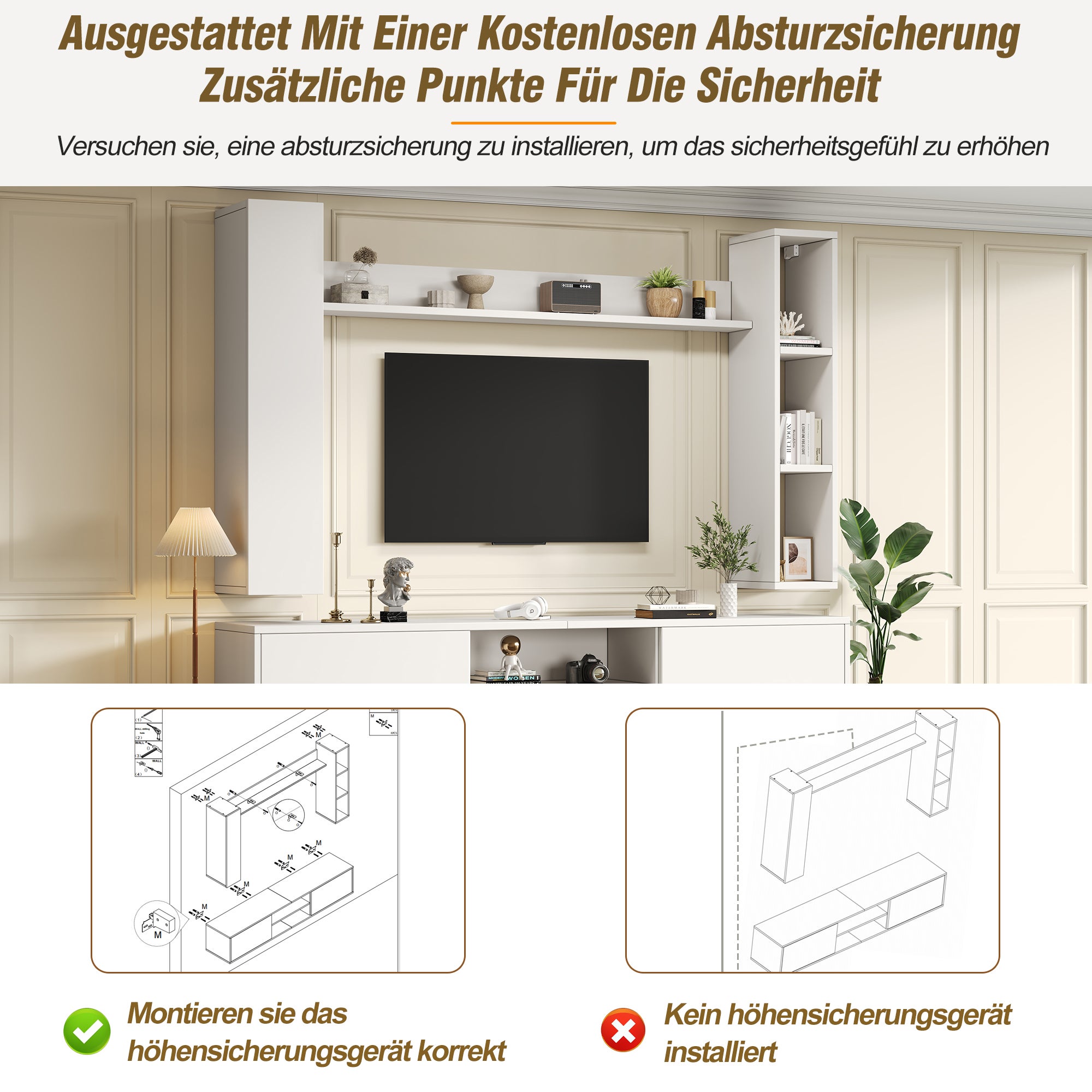 Meuble TV Salle de Séjour Complet avec Bibliothèque Murale et Vitrines, Meuble tv bois Ensemble 4 Pièces (180cm) : Support TV, Étagères Murales, Blanc - 5
