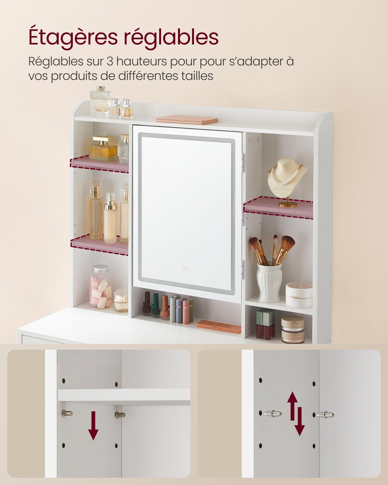 Coiffeuse avec Miroir LED, 3 Couleurs, 2 Tiroirs, Style Moderne, 90 x 40 x 144,7 cm, Étagère de Rangement, Blanc - 4