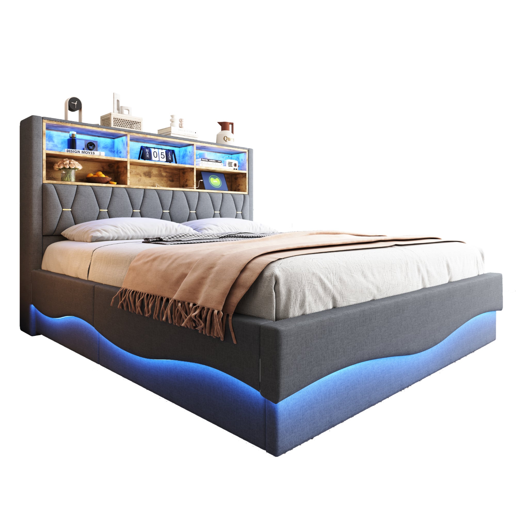 Cama baúl infantil 180x200 cm - con tira de luces LED - con puerto de carga USB - lino - gris (sin colchón) - 5