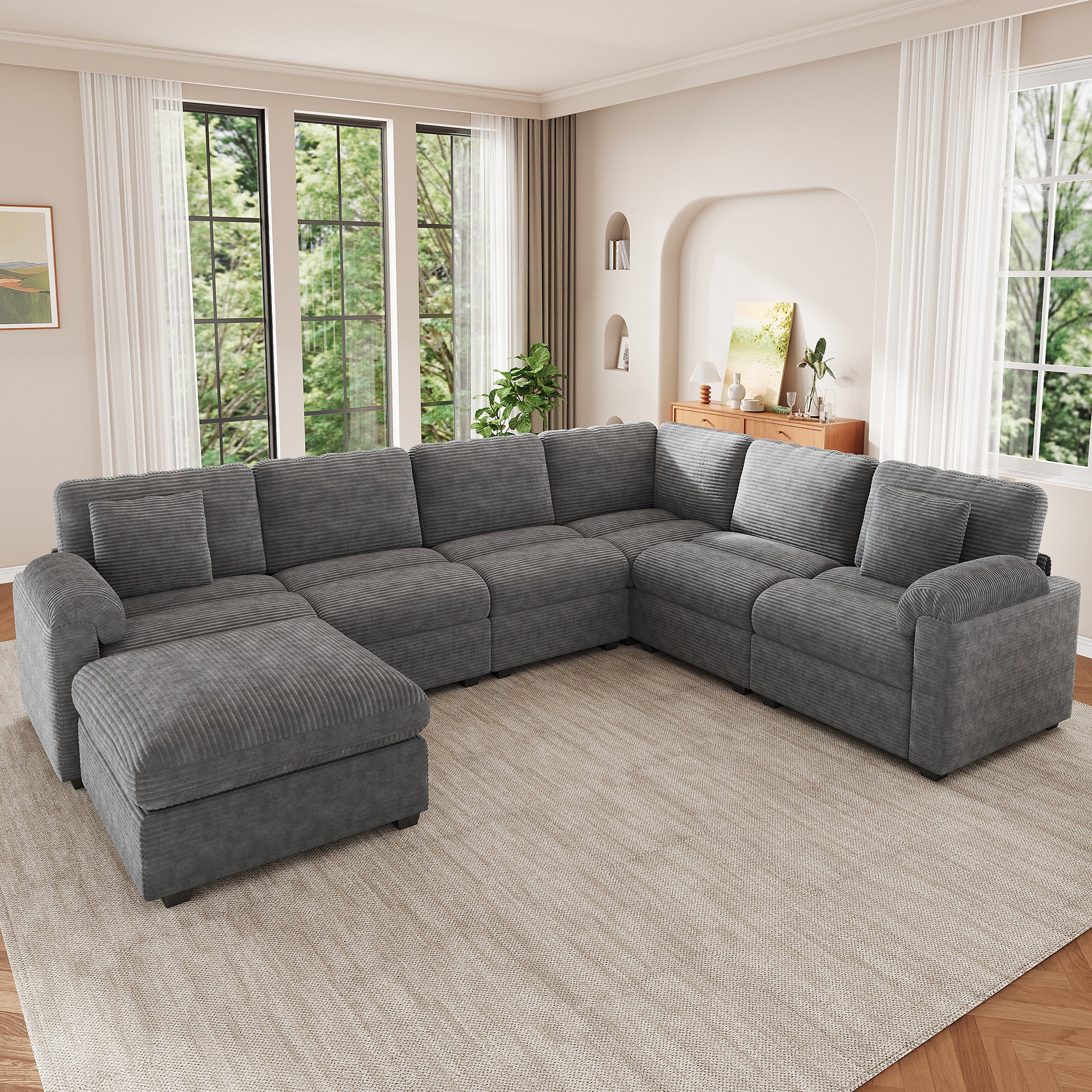 Canapé d’angle modulable 7 places 274,5x210,5x85,5 cm avec pouf + coussins, grand canapé salon, tissu velours côtelé, gris - 4