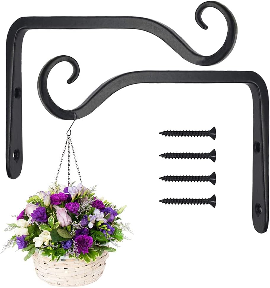 Zestaw 2 czarnych haczyków ściennych, metalowe uchwyty do koszy wiszących z kutego żelaza, uchwyt na kosz wiszący - 14,4 x 9,6 cm