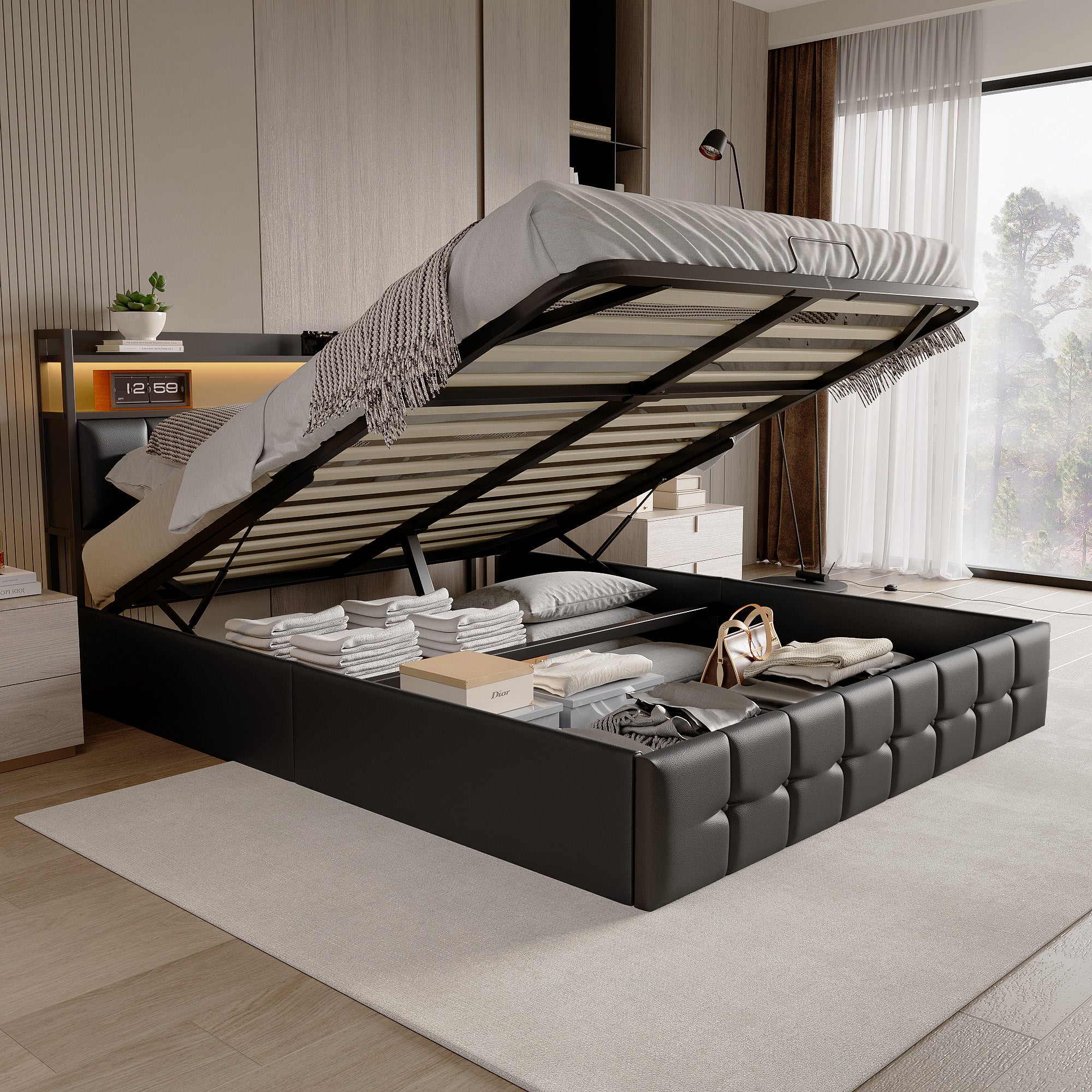 Lit coffre 160x200 cm avec sommier à lattes, lit double 160x200 cm avec LED, cadre de lit adulte avec port USB et Type C, tissu en PU, noir - 3
