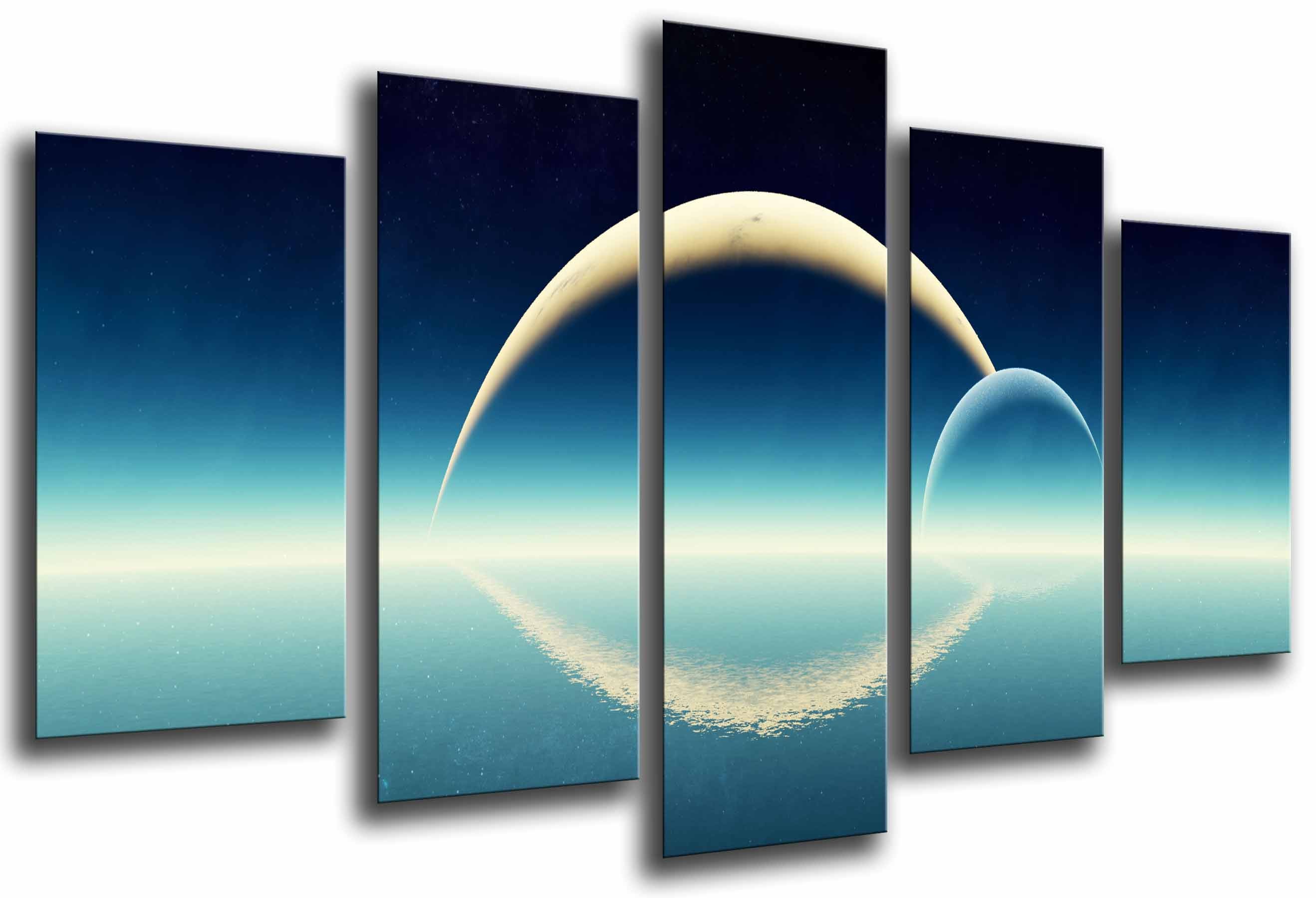 Astronomia, cielo azul, planetas en horizonte, eclipse, impresión fotográfica sobre madera, cuadro moderno decorativo