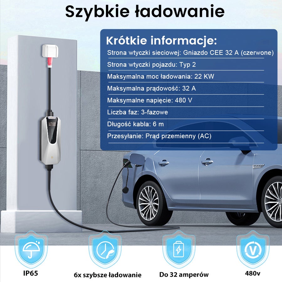 Przenośna Ładowarka EV JUNSUN 22kW | Typ 2 | Kabel 6m | IP65 | Regulacja 6-32A - 2