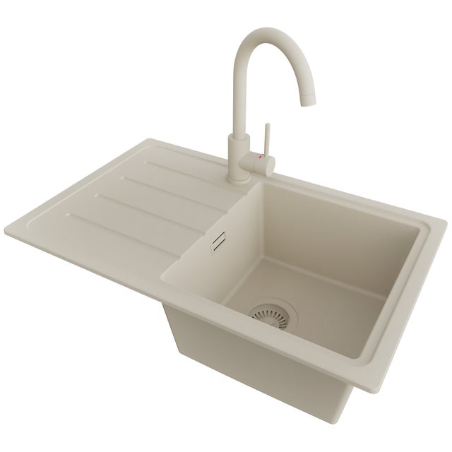 Evier Cuisine en Granit Beige 70x44cm, Lavabo 1 bac + Robinet 32x20cm + Kit de Vidage, Évier à Encastrer au meuble 45cm - Copenhague Easy PRIMAGRAN