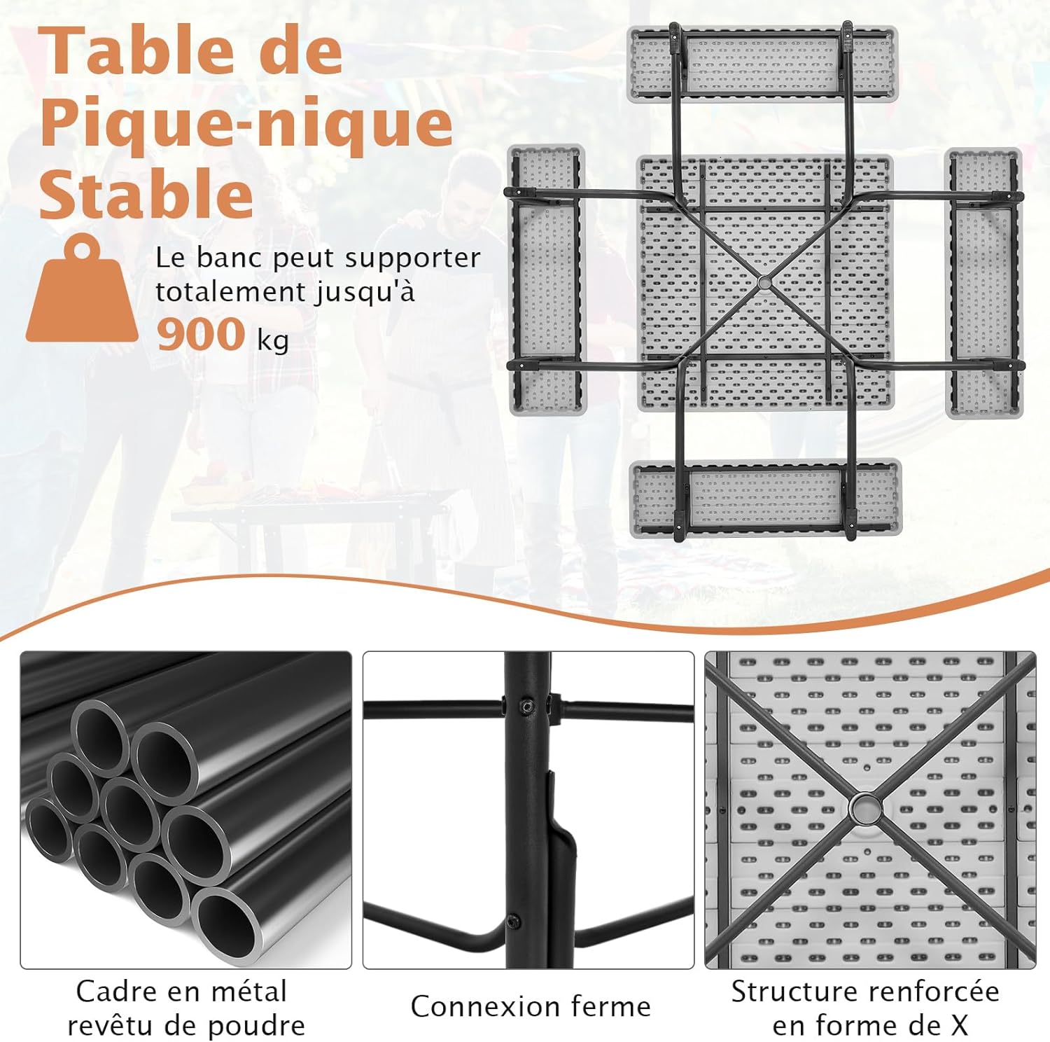 Set Tavolo da Picnic Quadrato con Panche per 8 Persone, Tavolo da Picnic con 4 Panche e Foro per Ombrellone, con Telaio in Metallo, Ogni Panca - 5