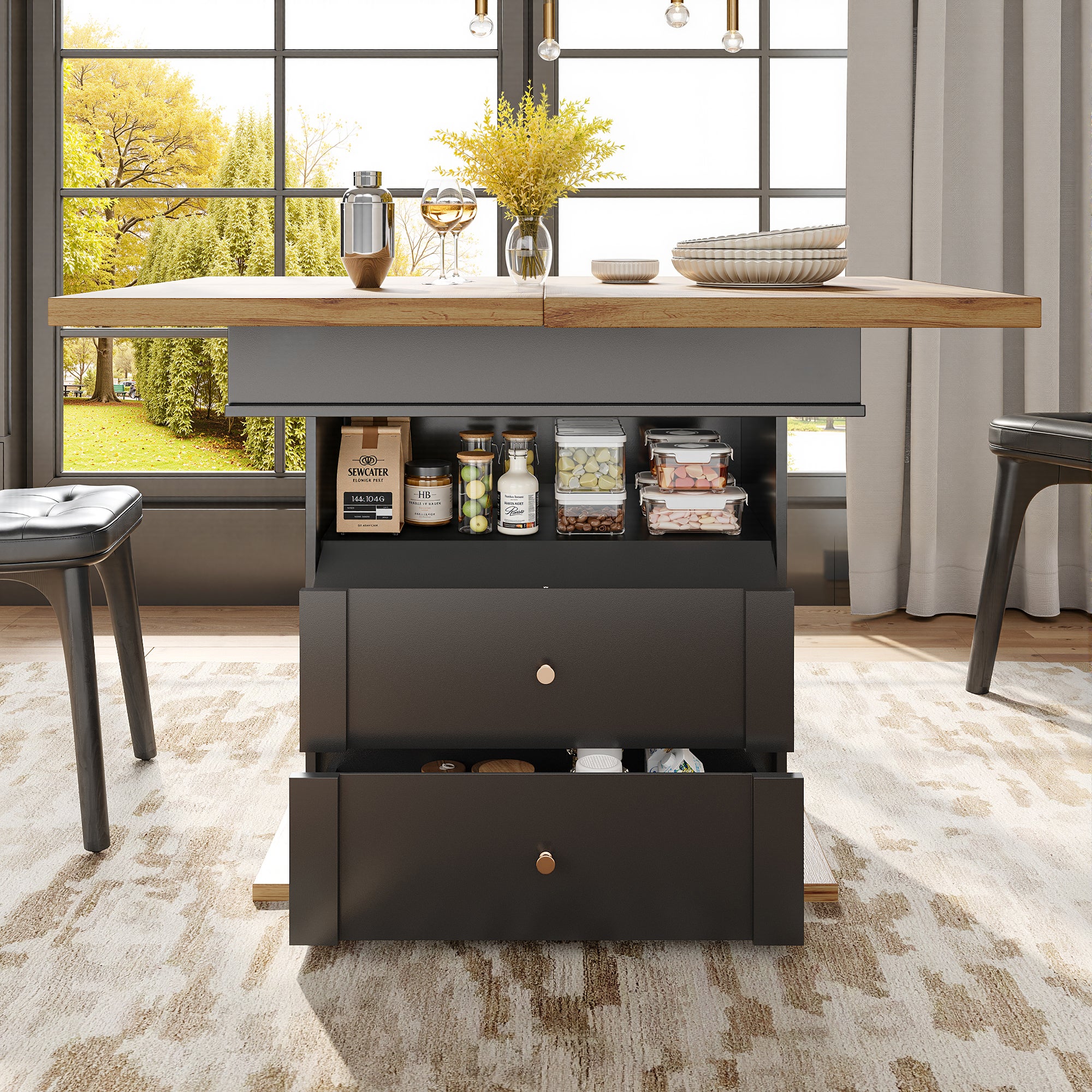 Rozkładany stół jadalny dla 4-6 osób z 1 drzwiami i 2 szufladami - 110/140 x 80 x 75 cm - MDF - Czarny + naturalny - 2