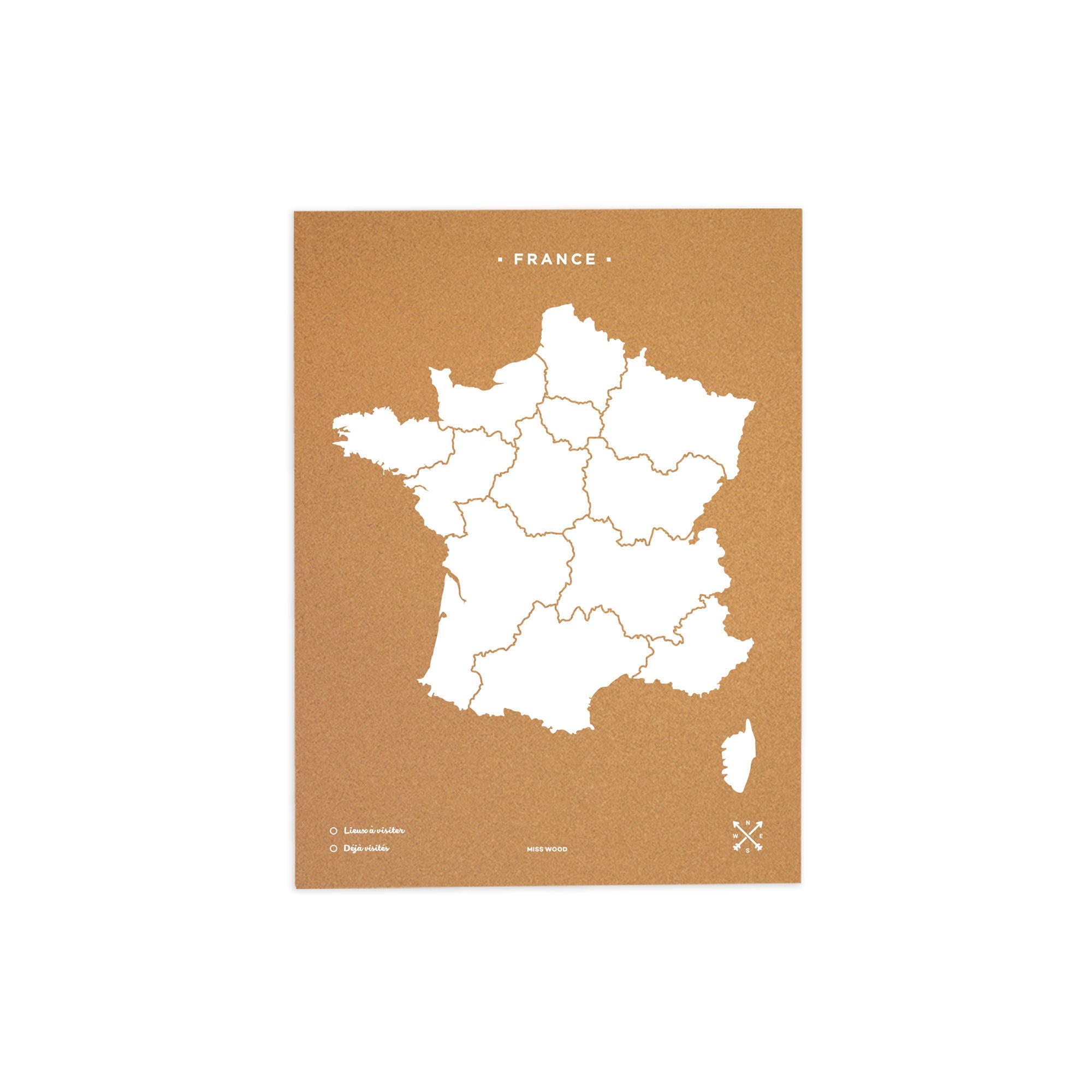 Mapa de corcho - woody map natural francia / 60 x 45 cm / blanco / sin marco