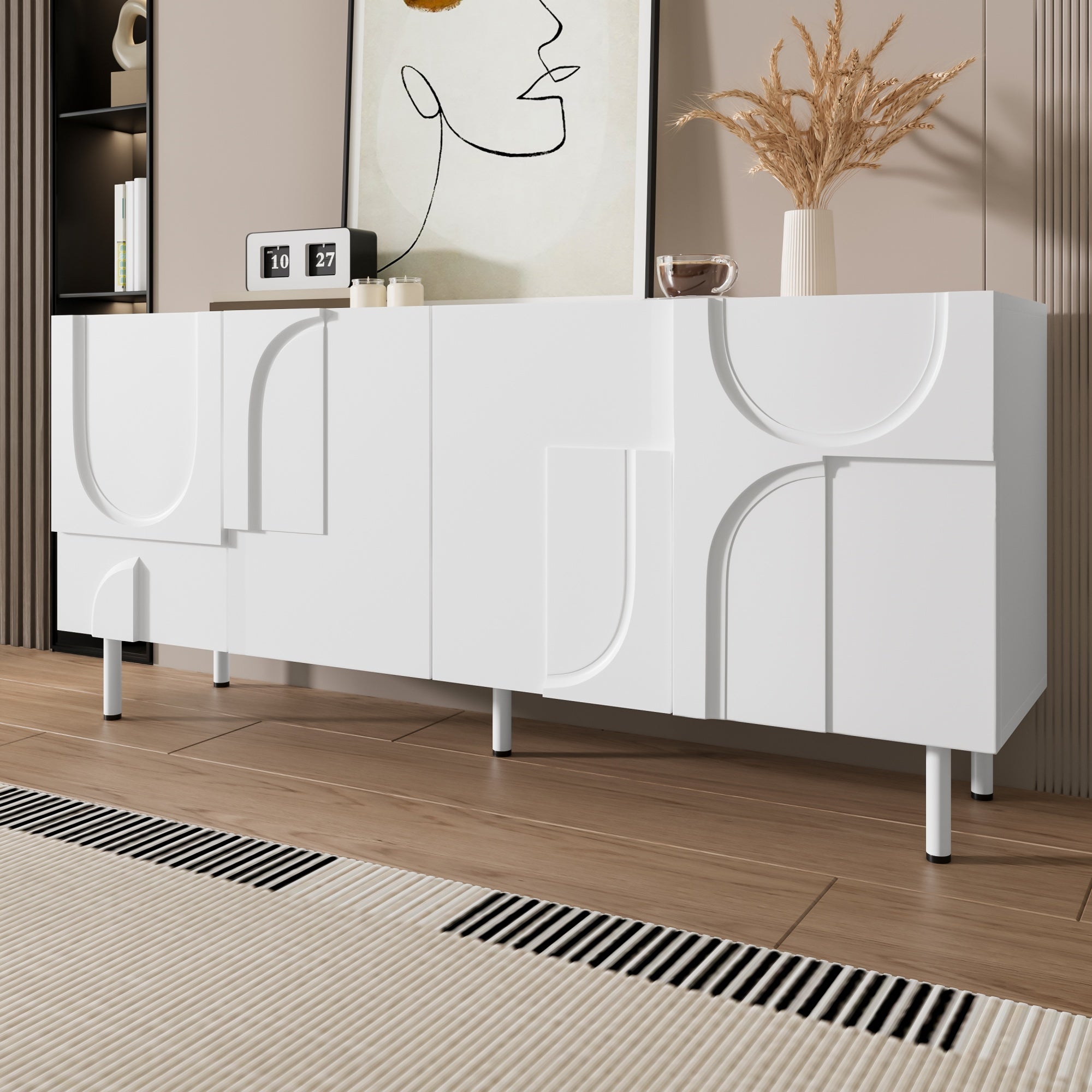 Nowoczesna komoda z 4 drzwiami - 160 x 38,5 x 70 cm - Płyta wiórowa + MDF - Nieregularny, zakrzywiony kształt - Kolor biały