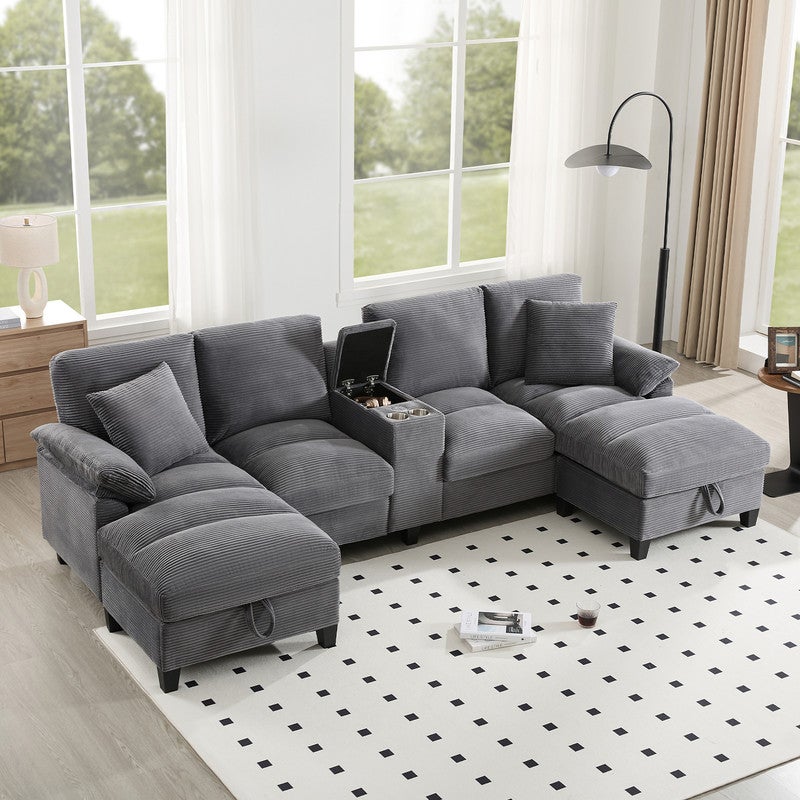 Sofa narożna 4-osobowa w kształcie U - ze schowkiem - uchwyt na kubek w zestawie - 2 porty USB - szara