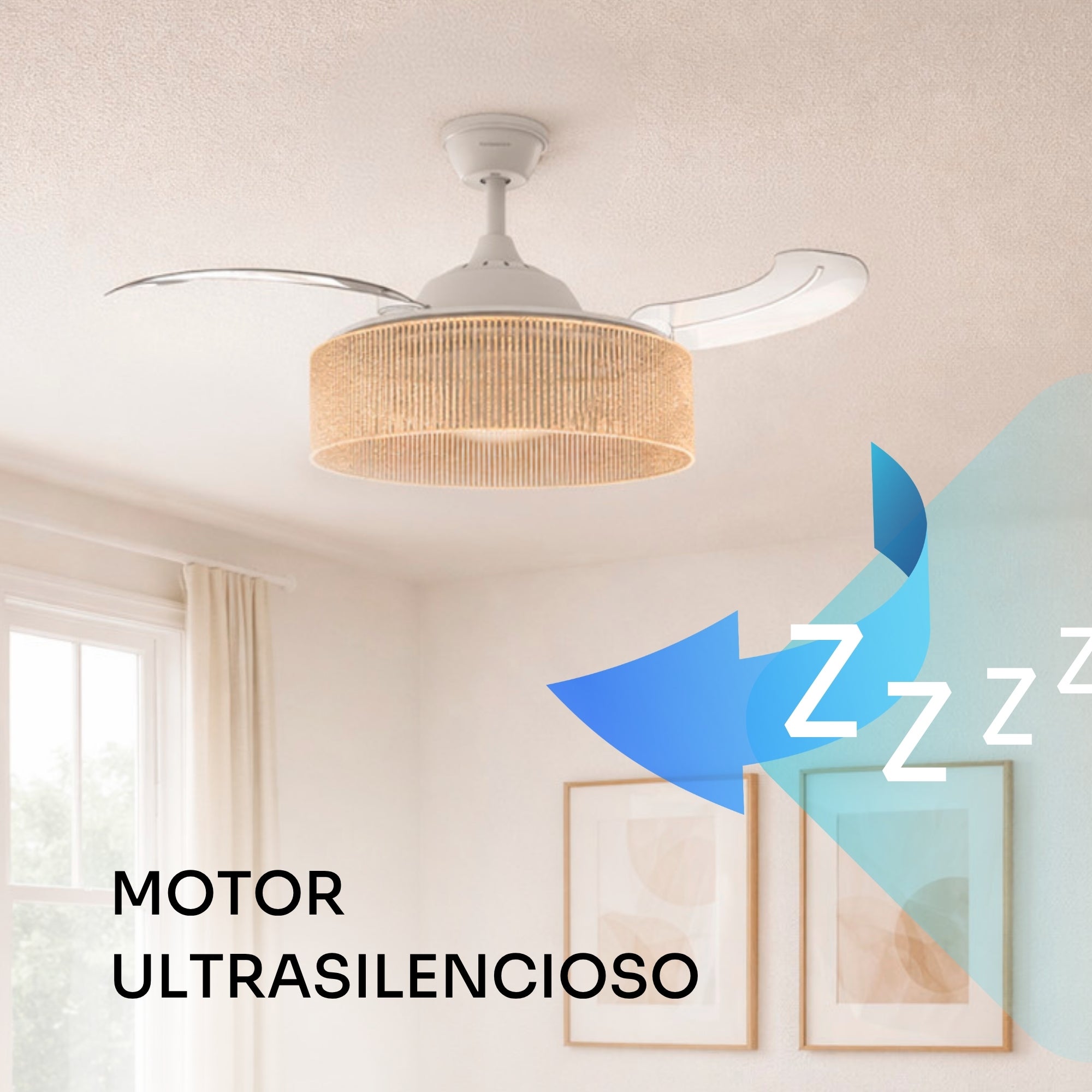 Mellerware - Ventoinha de teto LED regulável Brizy Bright Rattan Sand, acolhedora, verão/inverno, temporizador 8h, até 25 m², para tetos inclinados - 9