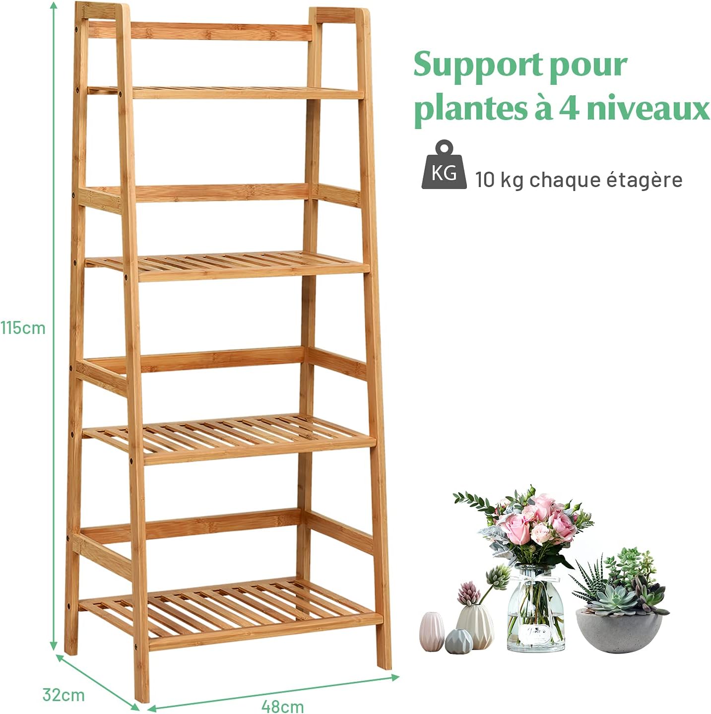 Étagère de Rangement à 4 Niveaux, Bibliothèque Rustique à Structure Solide en Bambou, Support de Plantes Multifonctionnel pour Séjour, Bureau - 3