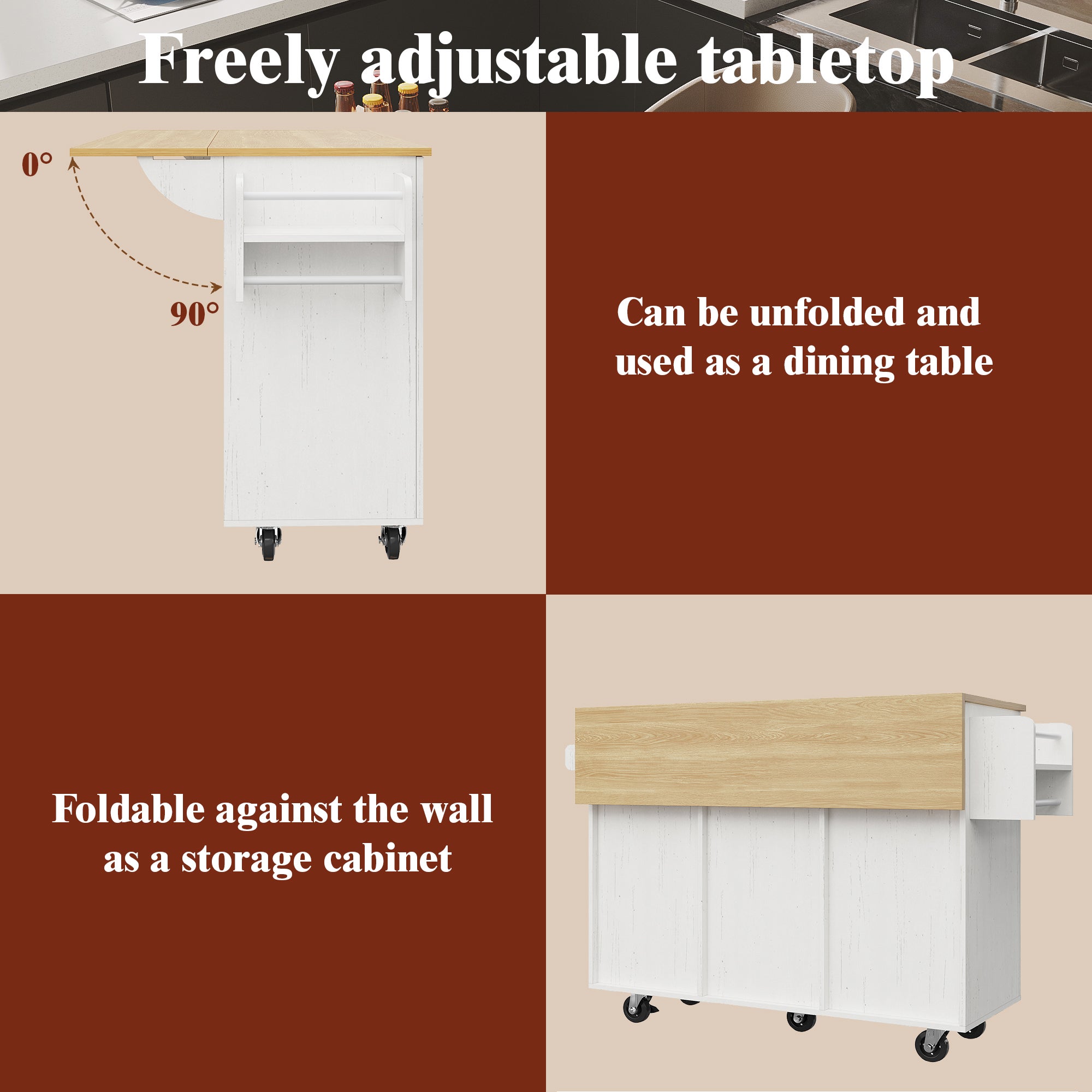 Ilot central de cuisine mobile avec 2 portes, 3 tiroirs et porte-serviettes - Plateau extensible - 134.5 x 46/74 x 90.5 cm - MDF - Blanc - 8