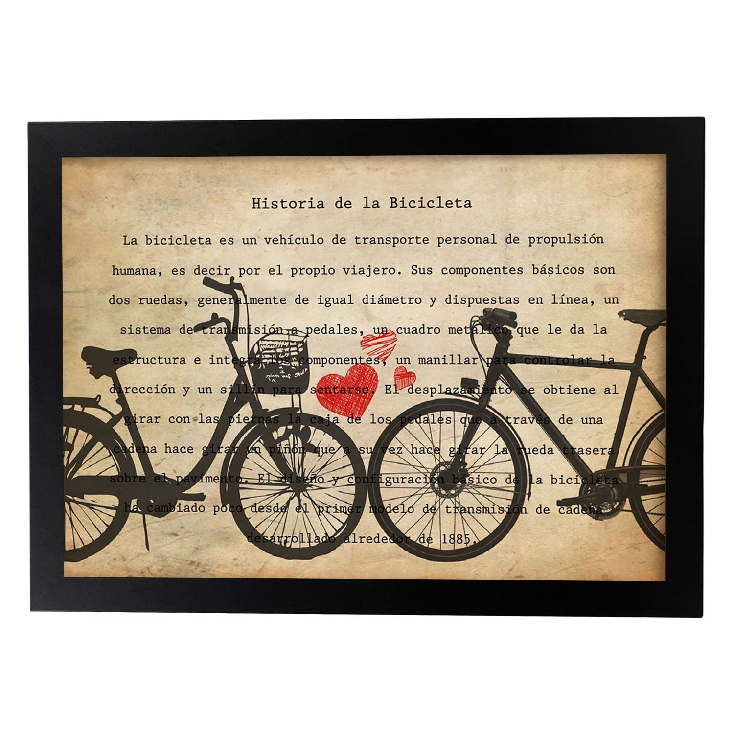 Poster de bici con corazones. láminas de bicicletas definiciones. marco blanco - a3
