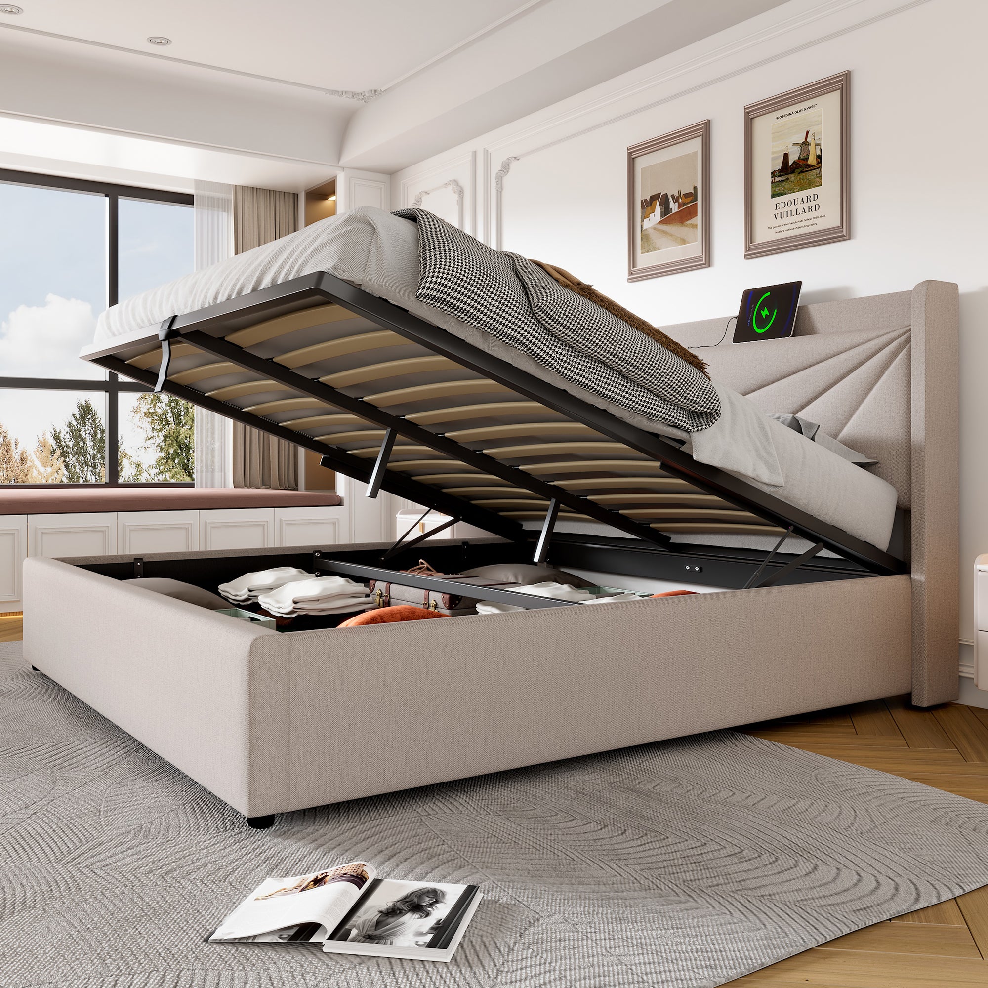Cama contenedor 140x200 cm de tela de lino - con puerto USB y somier - Beige - 2