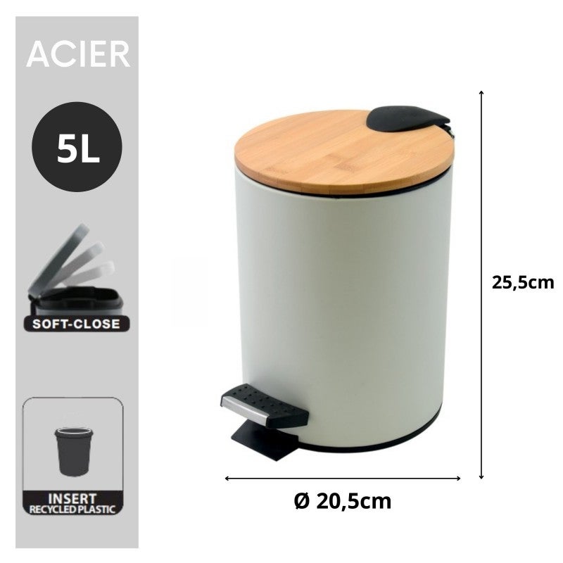 Poubelle à pédale Acier & Bambou ADONIS 5L Blanc Spirella - 3