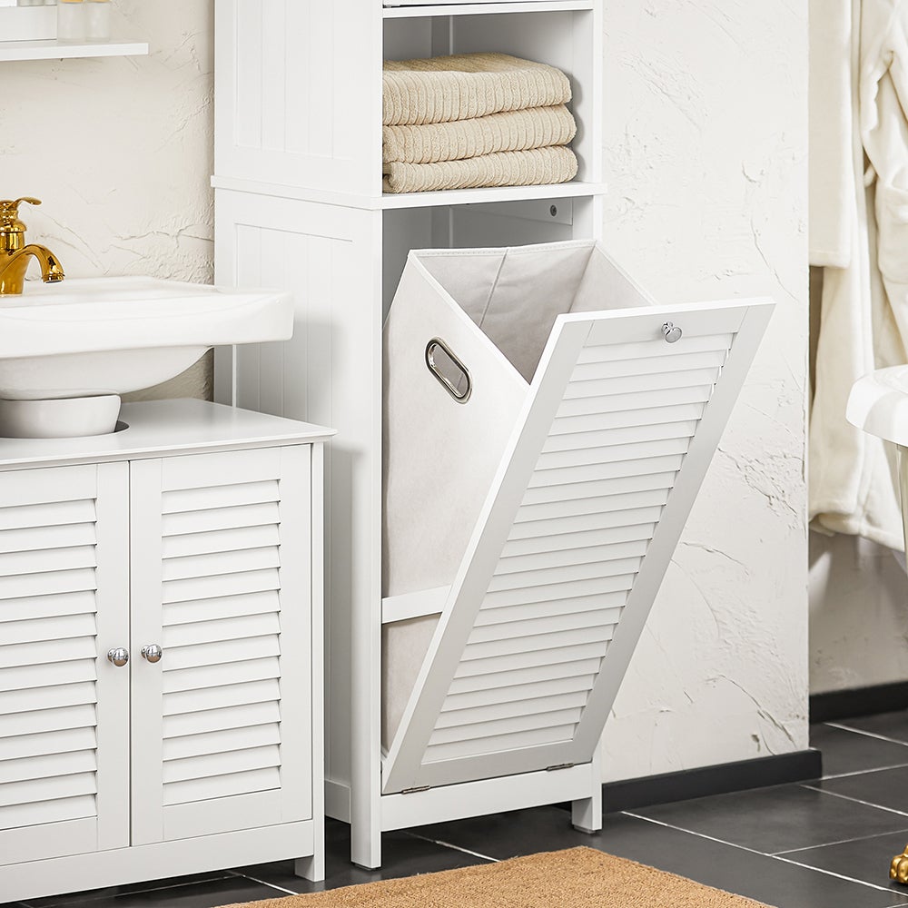 SoBuy Columna de Baño, Armario Alto con 1 Puerta de Persianas, 1 Cajón y 1 Cesto para Ropa Extraíble, Blanco, BZR124-W - 6