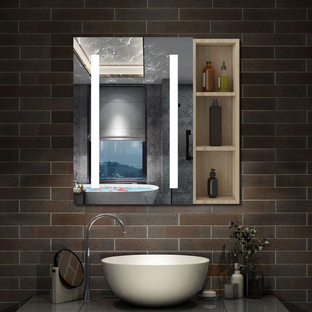 AICA Armoire de Toilette avec Miroir LED et Étagère Latérale, Anti-Buée, Éclairage 3 Couleurs + Prise, Chêne 80x70 cm