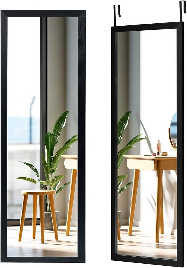 Lustro ścienne na drzwi, lustro wiszące, na całe ciało, z hakami wiszącymi z regulacją wysokości, do sypialni, salonu i wejścia, 120 x 37 cm (czarne)