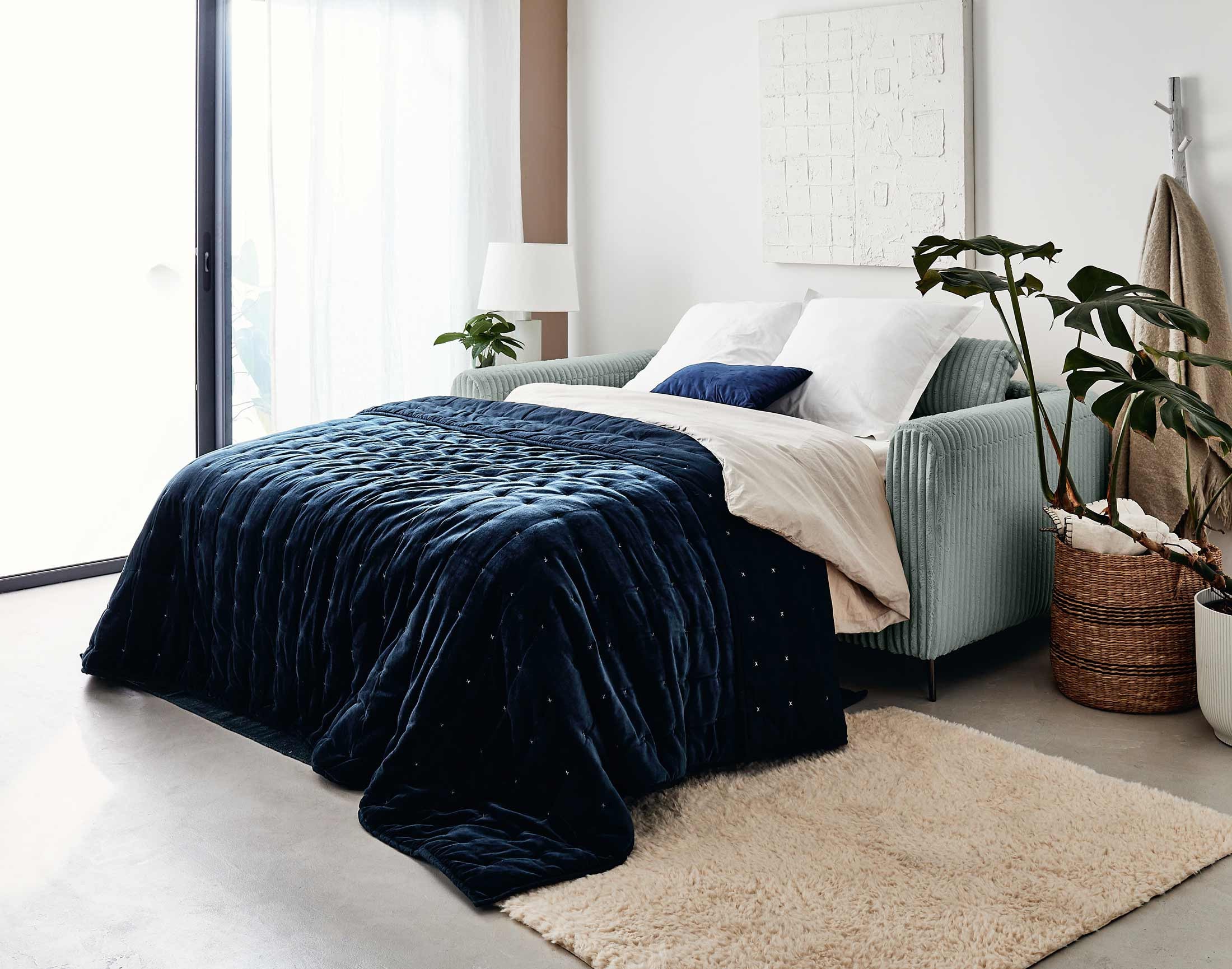 Canapé droit convertible 3 places en velours grosses côtes bleu - OWEN - Best Mobilier - 3