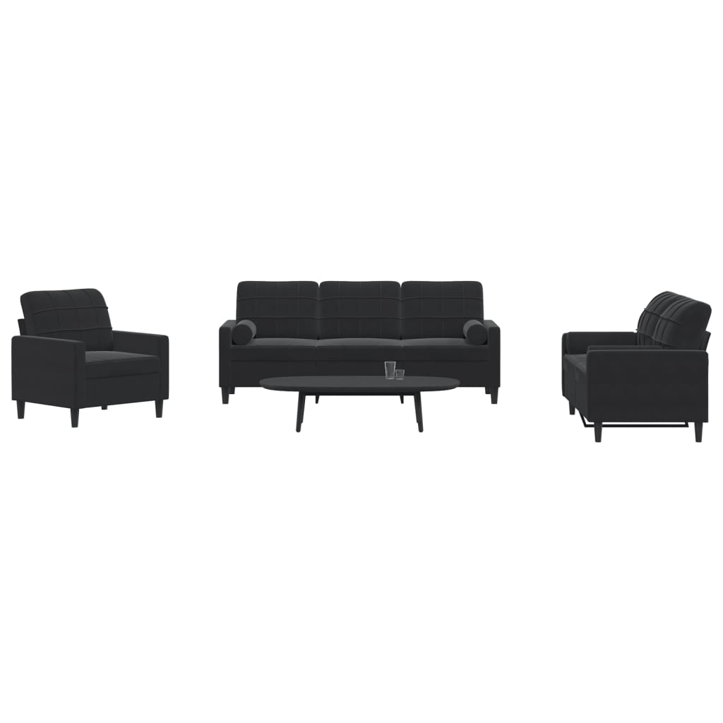Conjunto de sofás de 3 piezas y cojines y bolsters de terciopelo negro.