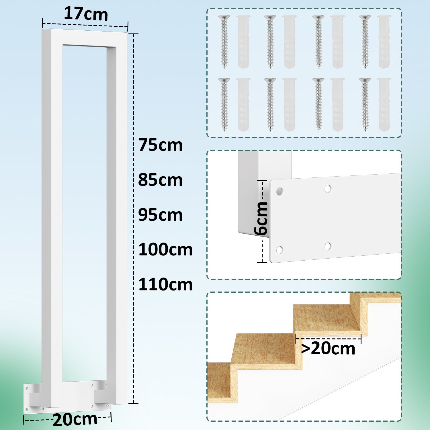 Forme en U Rampe d'escalier extérieure, 95CM de long, Fer, Blanc, Montage latéral, rampe d'escalier pour porches et terrasses - 2