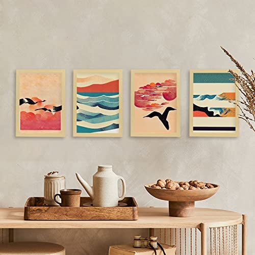 Nacnic Set De 4 Posters Pájaro En Estilo Abstracto Llamativas Y Modernas Ilustraciones Artísticas A Todo Color Para El Diseño Y Size A4 Marco Negro - 4