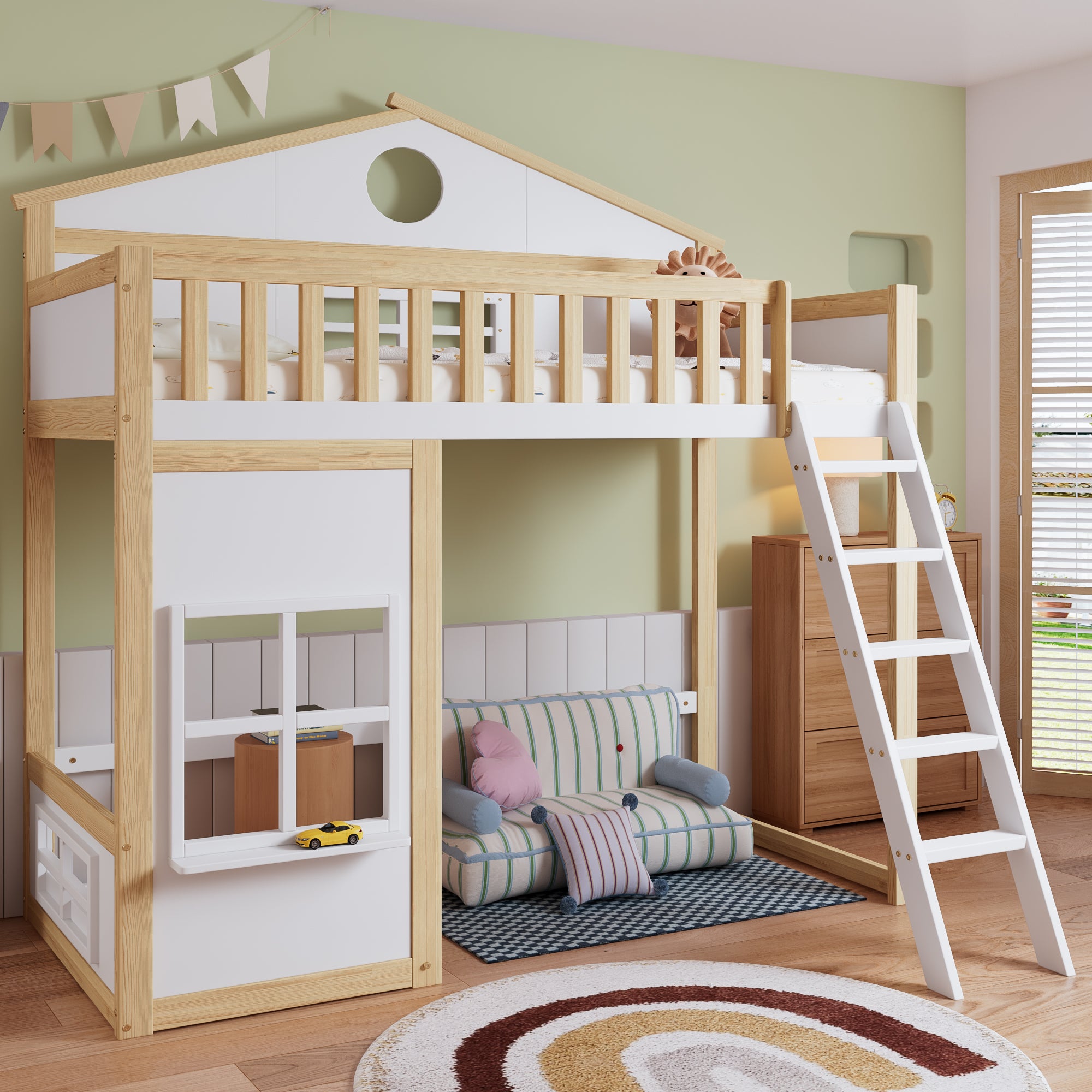 Moimhear Letto A Soppalco 90x200 In Pino Massiccio – Con Scala E Scrivania, Bianco, 240x96x180 Cm, Per Bambini E Ragazzi