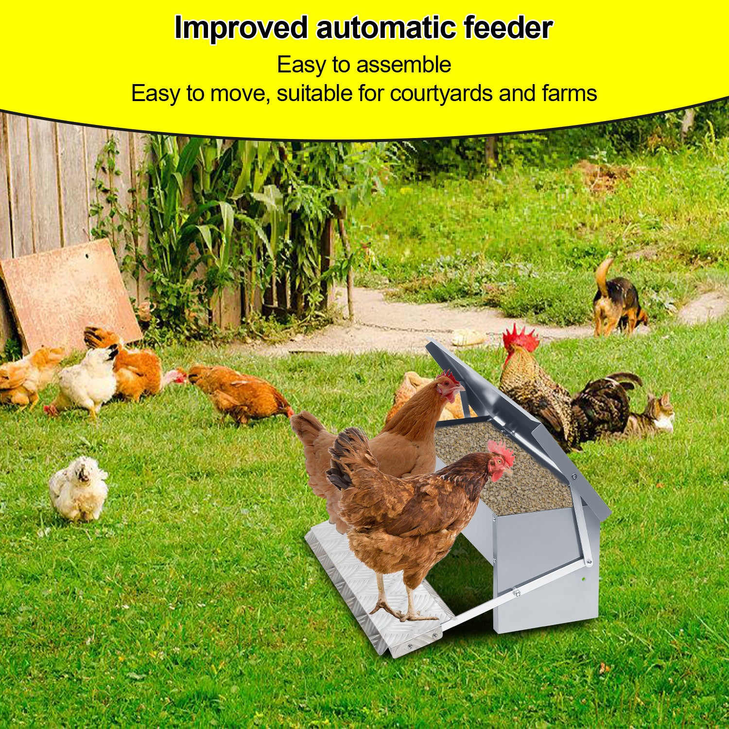 Mangeoire poules automatique 5KG – Distributeur en acier galvanisé avec pédale auto-ouverte et couvercle étanche pour volailles - 5