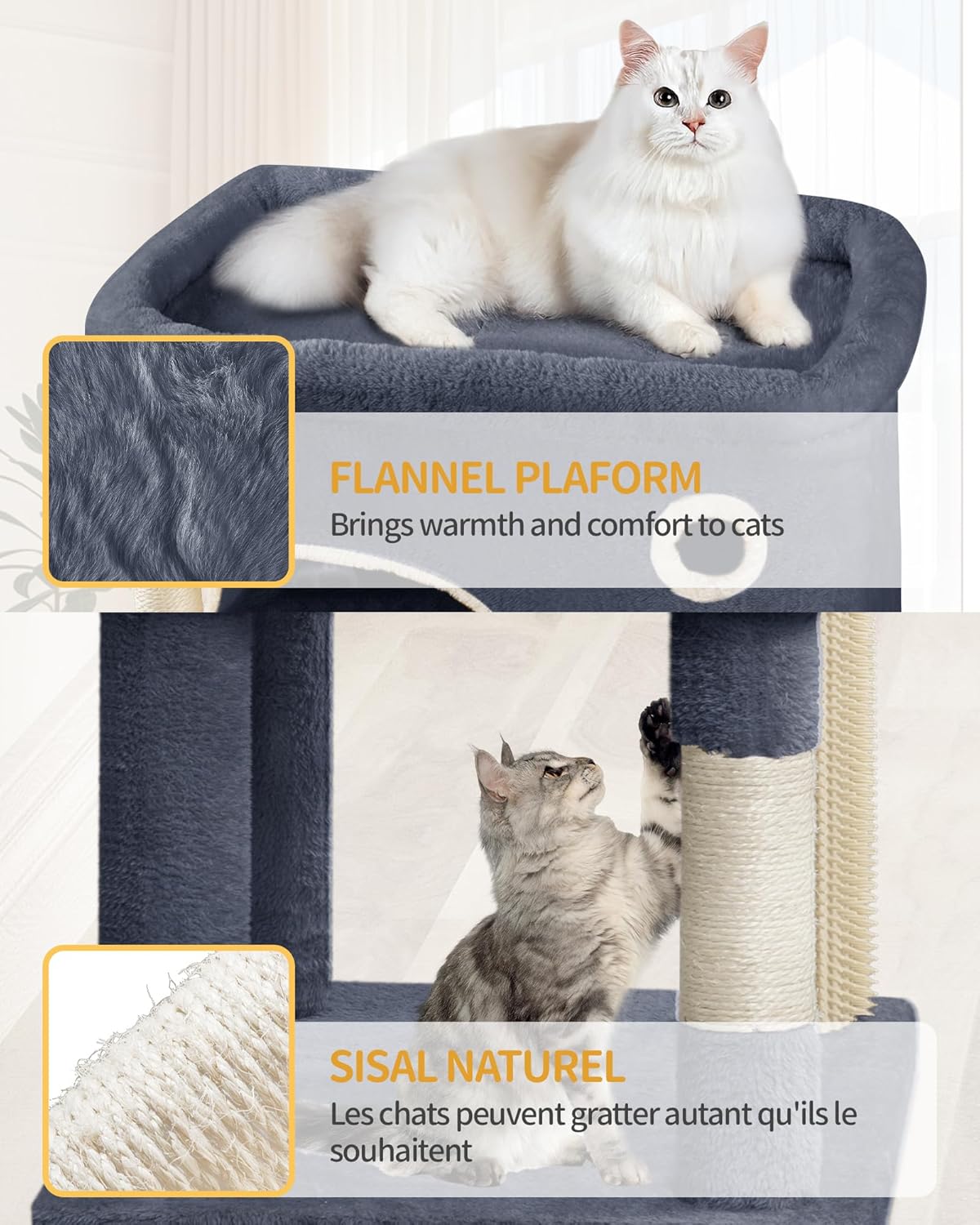 Árvore para Gatos, 203cm, Multicamadas, com Plataforma Grande, 2 Tocas, 7 Postes em Sisal, Pompons, Cesto, Rede, Cinza Escuro - 5