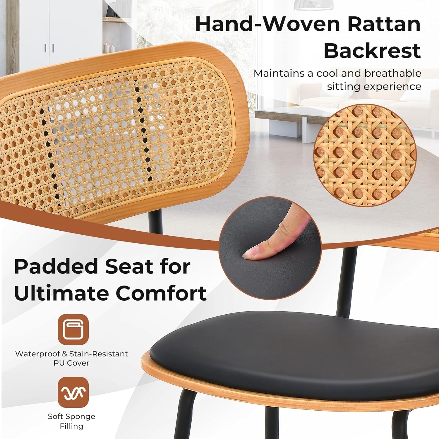 Zestaw 2 Stołków Barowych z Oparciem z Rattanu, Metalowymi Nogami, Krzesłami do Jadalni z Wygiętym Siedziskiem z Tapicerką i 3-Stronnym Podnóżkiem - 5