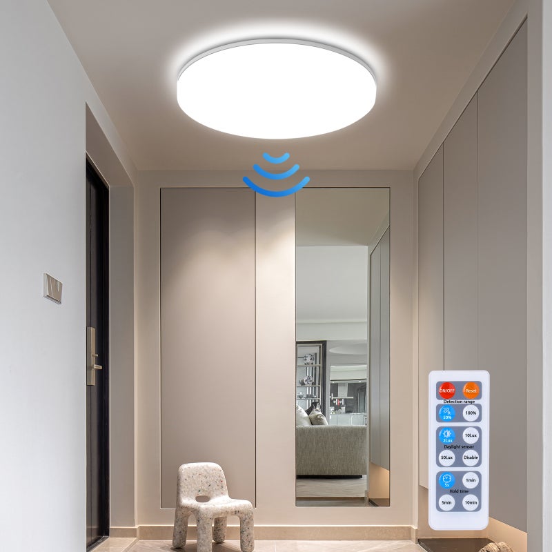 LOVHAUS Lampa Sufitowa LED Z Wbudowanym Czujnikiem Ruchu 24W, Lampa LED Z Pilotem IP54 4000K, Okrągła Lampa LED Do Schodów I Wejścia